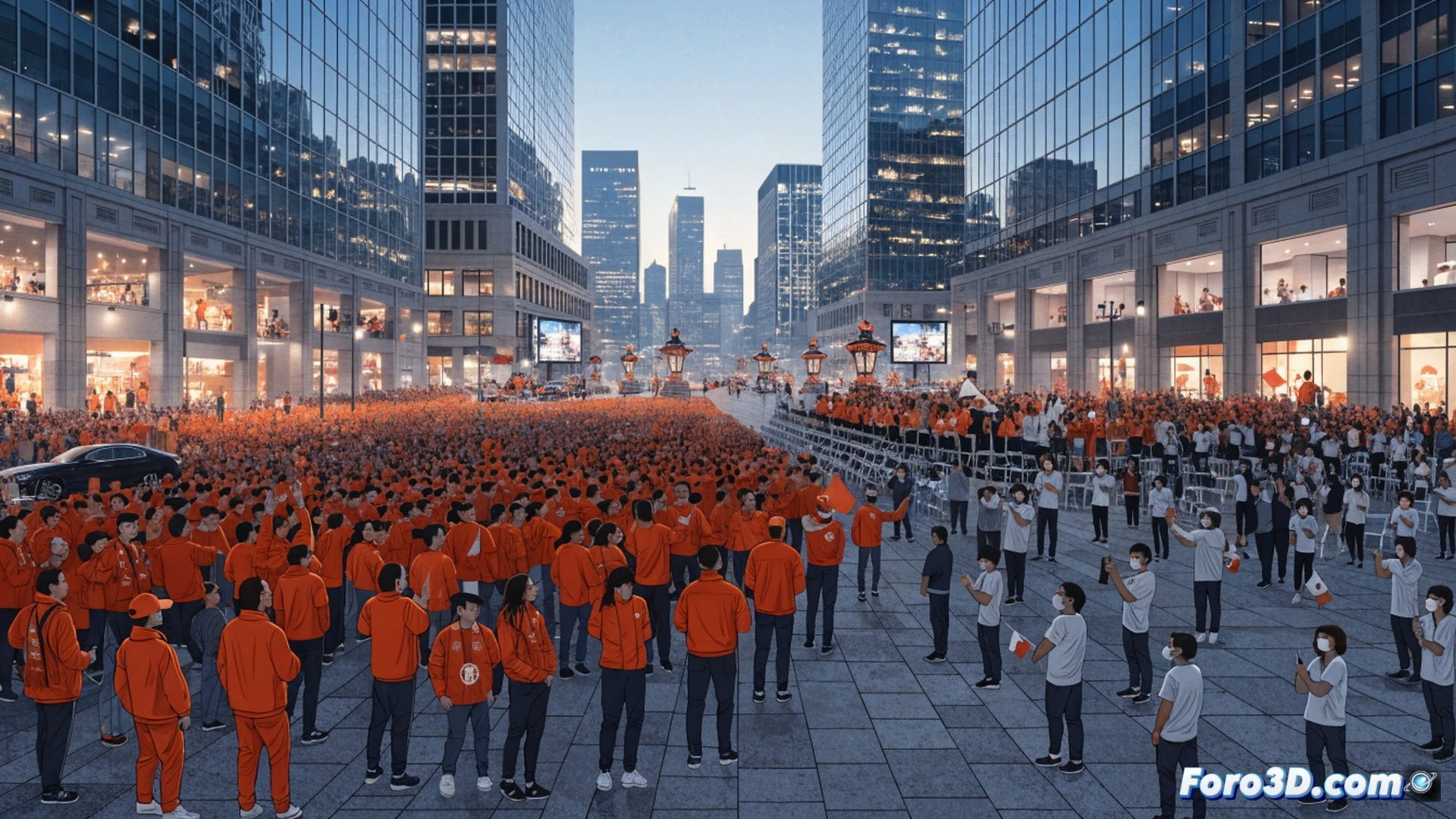 Miles de aficionados neerlandeses vestidos de naranja bailando y cantando en las calles de Dallas frente al estadio, mientras seguidores japoneses se unen a la marea naranja durante la celebración previa al partido del Mundial, mostrando una fusión cultural festiva, banderas de Holanda y Japón ondeando juntas, ambiente pacífico y vibrante, luces del atardecer dorado, multitud en movimiento con brazos levantados, estilo cinematográfico photorealistic, tomas aéreas dramáticas, alta definición, colores saturados, energía contagiosa
