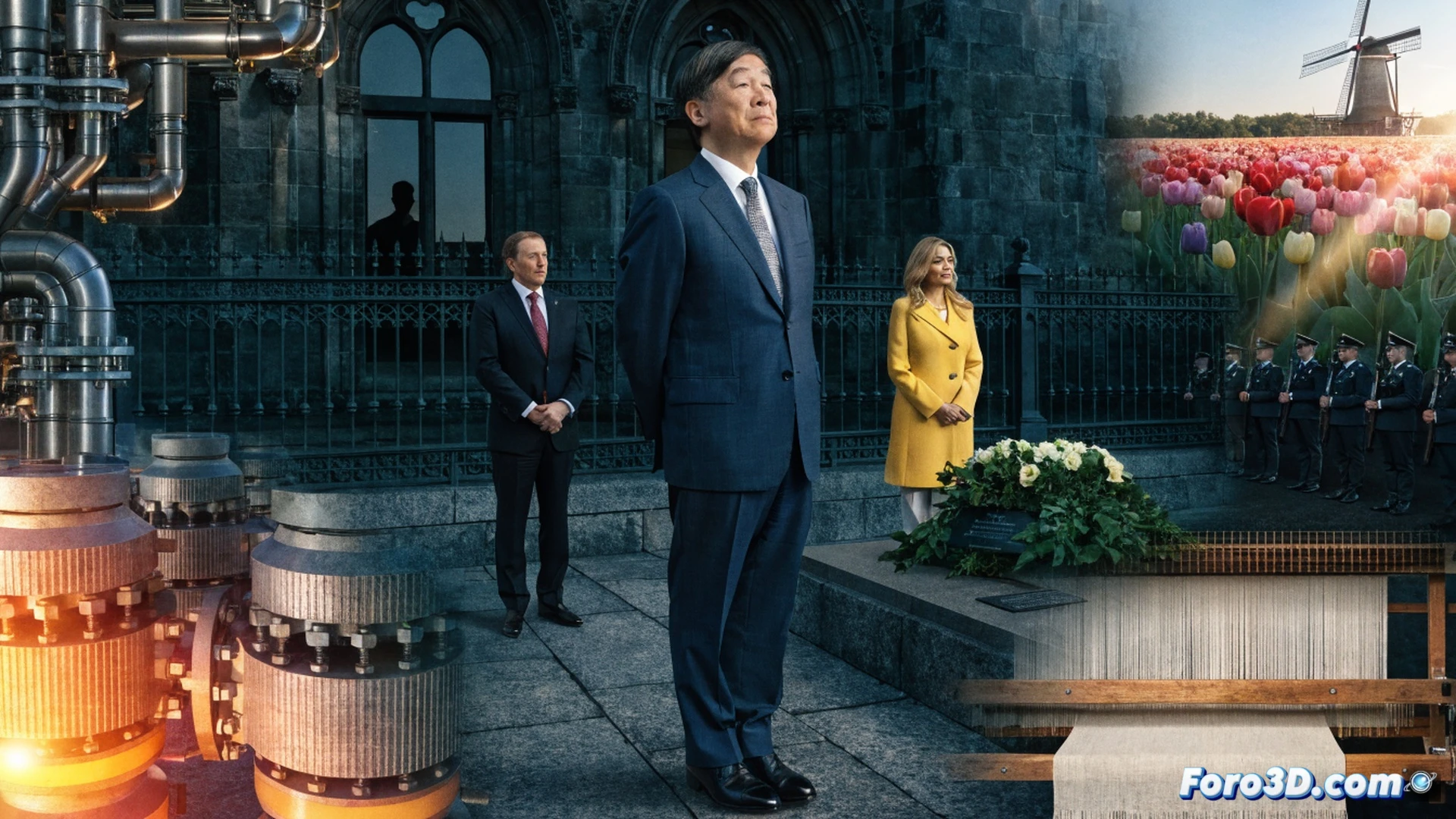 Emperor Naruhito in traditional suit placing white floral wreath at war memorial in Amsterdam, Dutch King Willem-Alexander and Queen Máxima standing beside him, Japanese and Dutch flags waving in wind, background showing 17th-century canal houses and modern office buildings symbolizing trade heritage, hands exchanging business documents and shaking in foreground, photorealistic cinematic lighting, morning sunlight casting long shadows, golden hour glow on diplomatic ceremony, ultra-detailed fabric textures and floral arrangement, symbolic bridge connecting both nations, technical illustration style