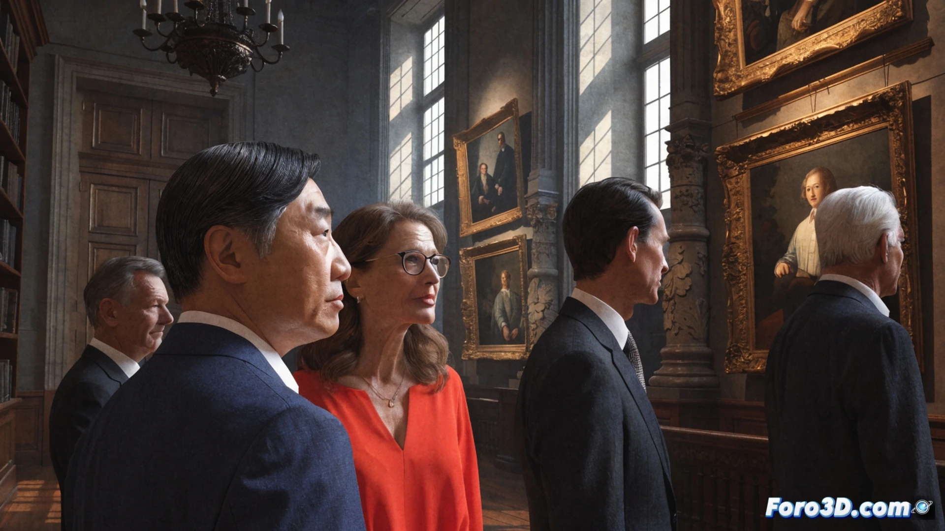Emperor Naruhito standing before a 17th-century Dutch court painting in a museum gallery, museum staff demonstrating conservation techniques using magnifying glasses and soft brushes on a canvas edge, ambient museum lighting illuminating the painting’s gilded frame, while a glass display case shows antique restoration tools, calm diplomatic atmosphere with no crowd visible, photorealistic interior, soft natural light from tall windows, polished wooden floors reflecting the scene, ultra-detailed brushstrokes and fabric textures, cinematic documentary style