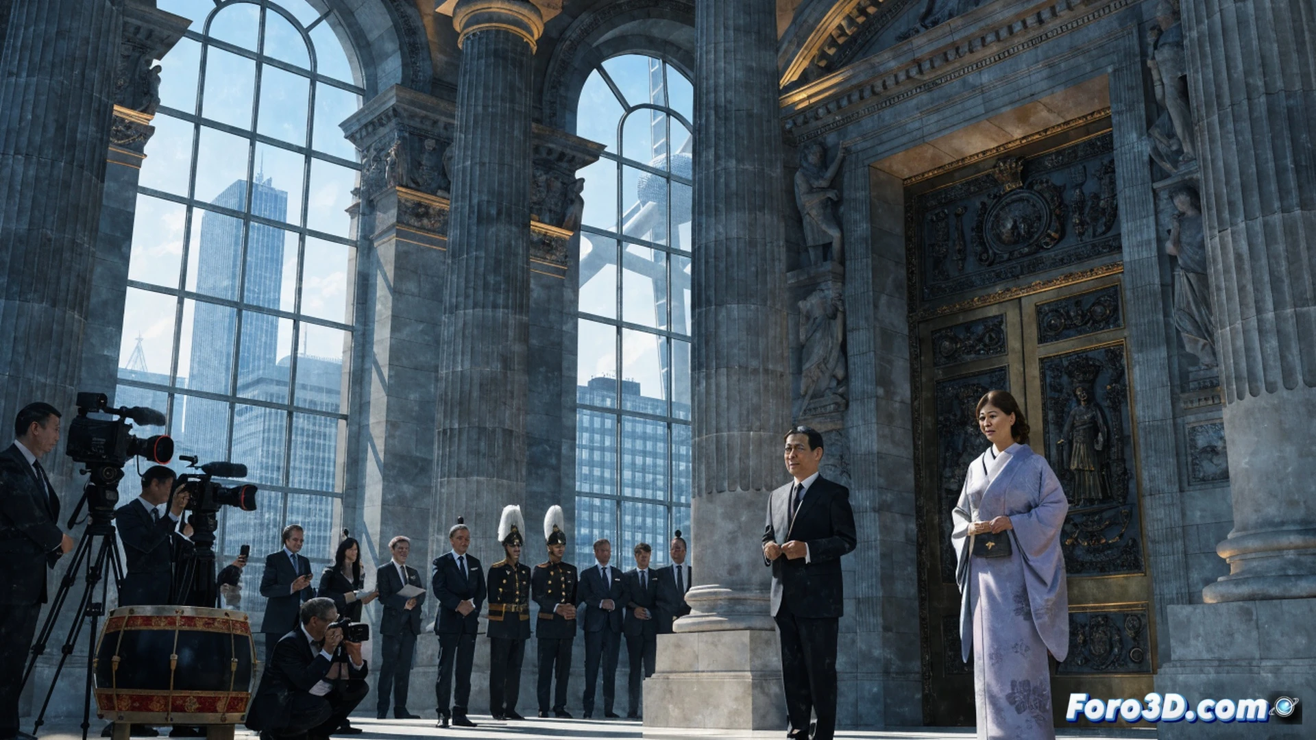 Emperadores japoneses Naruhito y Masako en visita oficial a Bélgica, estrechando manos con ejecutivos frente a un mapa luminoso de rutas comerciales Europa-Asia, mostrando un diagrama de flujo de exportaciones, durante una reunión en una sala de juntas con pantallas táctiles mostrando datos de empleo y gráficos de crecimiento, robots industriales japoneses en segundo plano ensamblando componentes electrónicos, sobre fondo de banderas de Japón y Bélgica, estilo cinematic photorealistic technical illustration, iluminación corporativa cálida, texturas metálicas pulidas, detalles nítidos en trajes y dispositivos