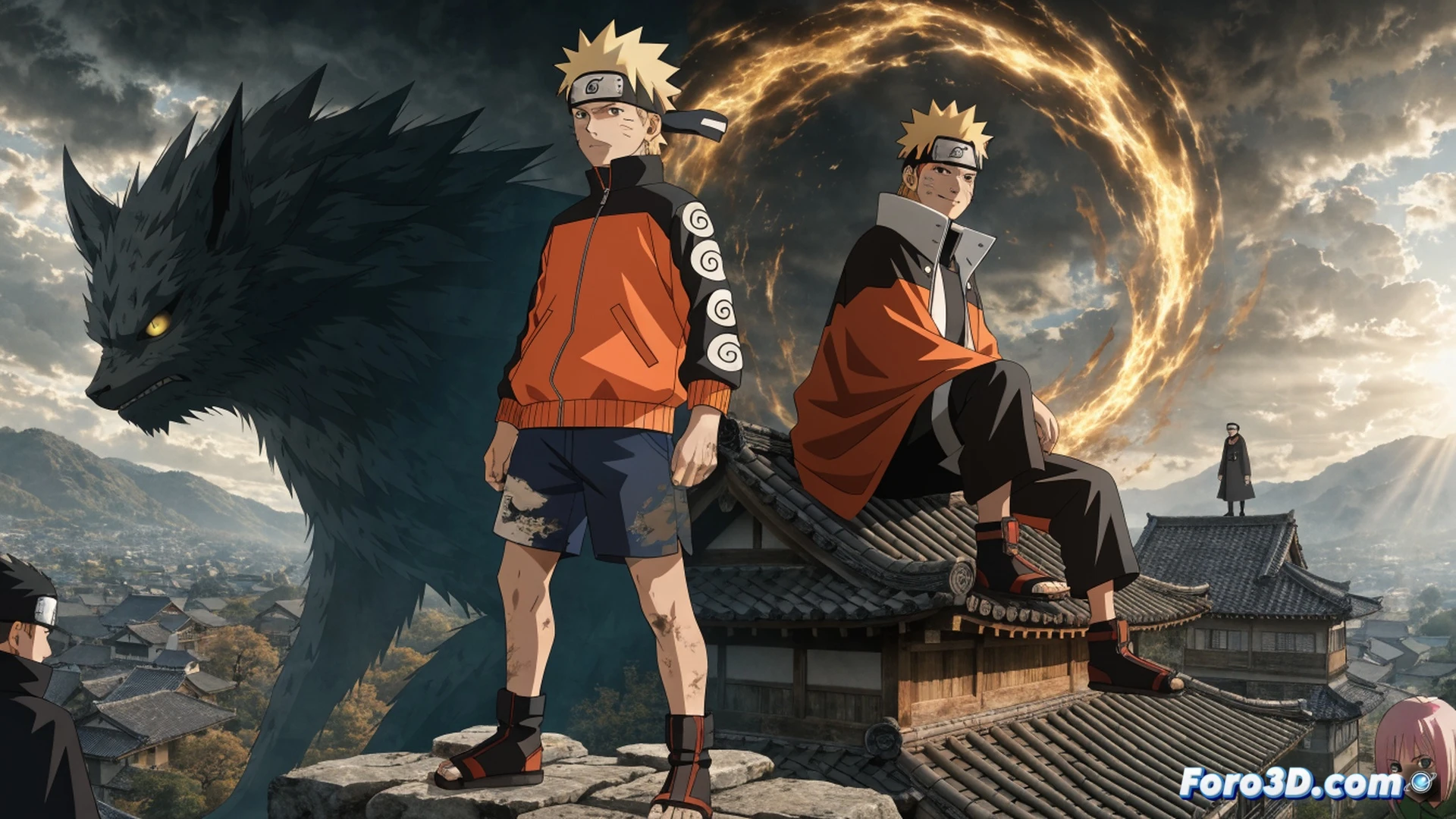 Naruto Uzumaki en pose de combate sobre un tejado de la Aldea Oculta de la Hoja, sosteniendo un kunai con chakra azul brillante mientras múltiples sombras de clones de sombra se materializan a su alrededor, el viento levanta su chaqueta naranja y negra, fondo con caras talladas de Hokage en la montaña bajo un cielo anaranjado al atardecer, rayos de sol atraviesan nubes, polvo y partículas de chakra visibles, estilo cinematográfico épico con iluminación dramática, detalles de textura en vendas y chaleco, acción congelada en el momento de invocación, sombras alargadas y contraste alto, render ultra realista.