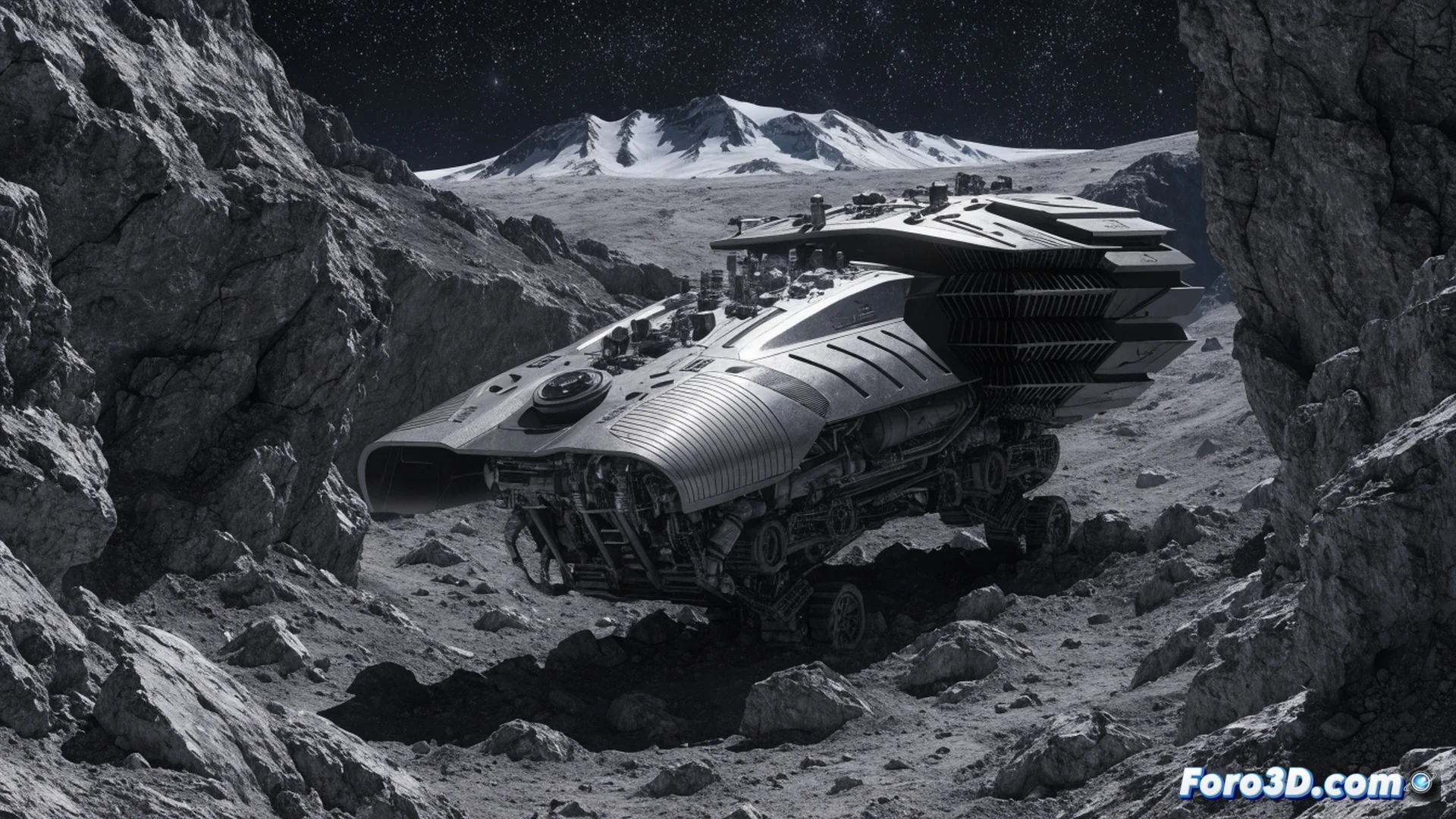 astronauta en traje espacial junto al vehículo lunar Pegasus en el polo sur de la Luna, brazo robótico desplegando un panel solar mientras la base lunar iluminada se ve al fondo, polvo lunar levantado por las ruedas durante el movimiento, mostrando el chasis metálico expuesto con disipadores térmicos y antenas de comunicación, luz solar rasante creando sombras largas y contrastes extremos, estilo cinematográfico fotorrealista, textura de regolito detallada, cielo negro con estrellas visibles, ingeniería de precisión