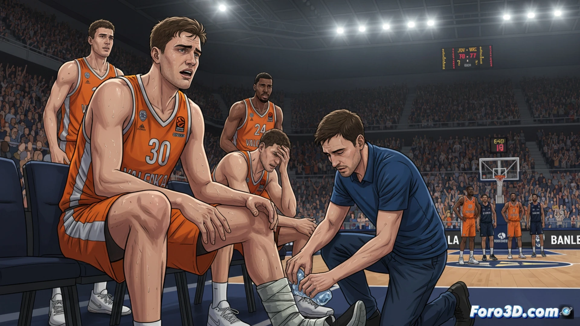 Valencia Basket basketball court during Liga Endesa semifinal, Nate Reuvers sitting on bench with ice pack strapped to his right ankle, visible swelling and medical wrap, teammate coaches huddled near him pointing at the scoreboard, empty space in the paint area behind him where he should be defending, Joventut players attacking the key, dramatic arena lighting, sweat and tension on faces, photorealistic sports photography style, cinematic depth of field, high contrast shadows, motion blur from fast-paced game action