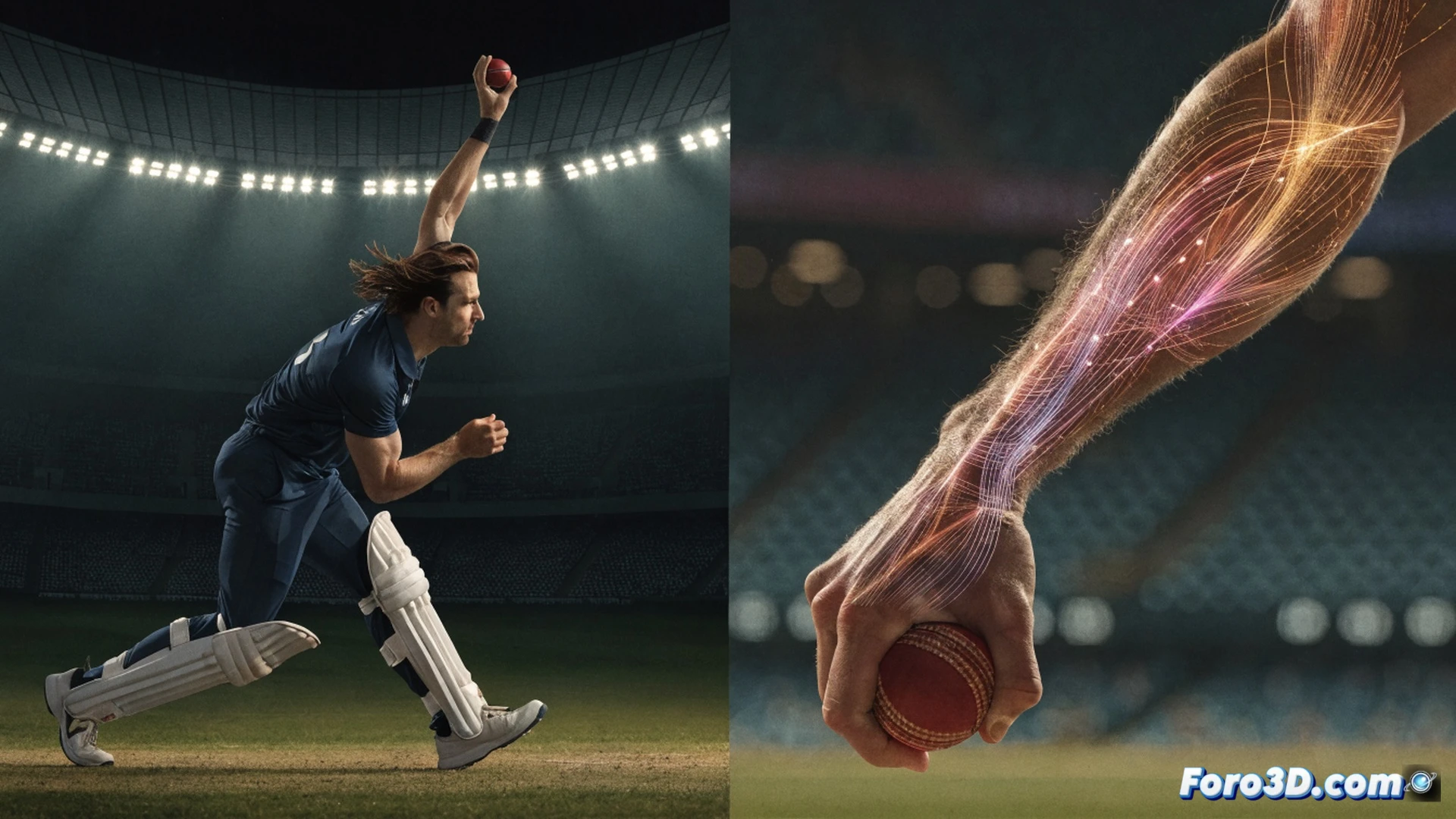 cricket bowler Nathan Ellis mid-delivery action, arm at peak rotation releasing a yorker ball, biomechanical analysis overlay showing joint angles and muscle activation lines in glowing blue, red impact zone near batsman feet, 3D motion capture skeleton tracking his run-up and follow-through, photorealistic sports science visualization, stadium lights illuminating sweat droplets in motion, ultra-detailed muscle definition, high-speed shutter effect freezing the precise release point, technical biomechanics illustration