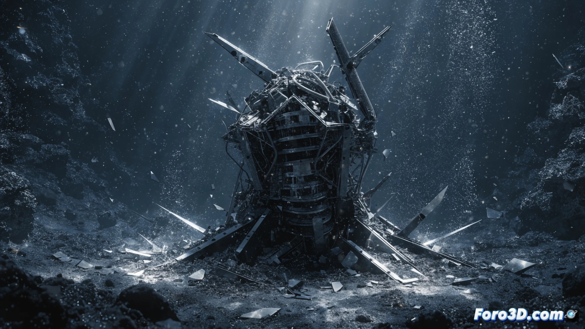 deep-sea drone collapsing under extreme hydrostatic pressure at 6000 meters depth, hull crumpling inward while titanium frame buckles, carbon fiber composite cracking in slow motion, high-pressure water jets penetrating failed seals, fragmented electronics floating inside the imploding sphere, engineering visualization style, cinematic lighting with cold blue abyssal glow, metallic debris scattering, realistic stress fractures, ultra-detailed mechanical failure analysis, photorealistic technical render