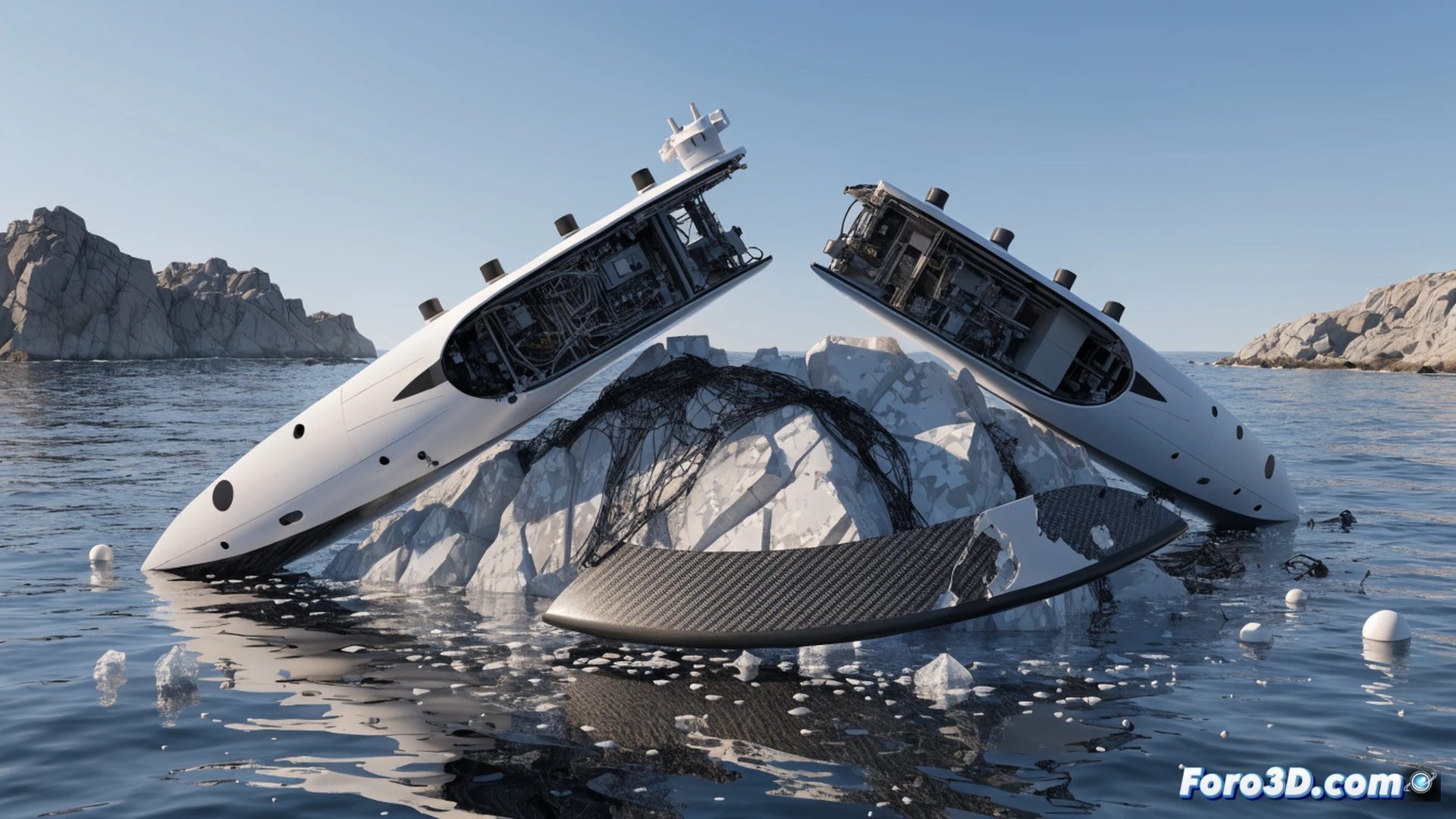autonomous catamaran ASV collision sequence in coastal waters, bow slicing through choppy grey sea while submerged debris strikes the starboard composite rudder, rudder blade shattering into carbon fiber splinters, broken tiller arm hanging loose, vessel turning uncontrolled into a wide drift, telemetry data streams visualized as floating holographic graphs and 3D scan models overlaying the scene, orange emergency beacon flashing on deck, technical engineering visualization with photorealistic hull details, cold overcast lighting, spray from waves, sharp focus on fractured composite layers, cinematic marine accident reconstruction