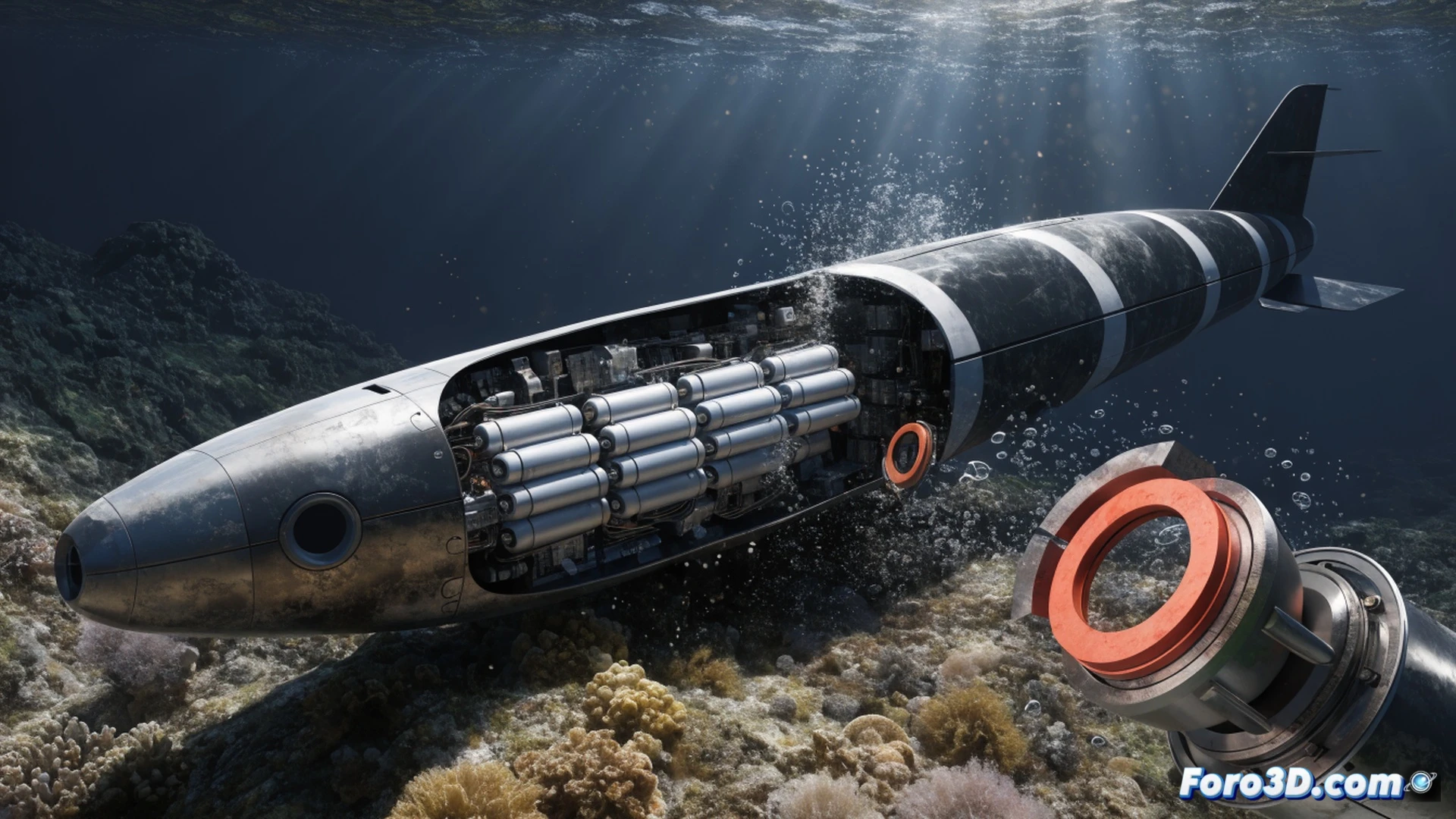 Submarine glider flooding in virtual simulation, transparent cross-section view showing water entering battery compartment through failed o-ring seal, 3D model of torpedo-shaped underwater drone with visible internal mechanical components, orange warning fluid highlighting the leak path, Autodesk Fusion interface elements floating nearby, Blender render engine wireframes around the scene, cinematic engineering visualization, dramatic underwater lighting, blue-green gradient background, photorealistic technical illustration, precision mechanical details, corrosion effects on exposed metal parts, motion freeze frame capturing the moment of catastrophic failure