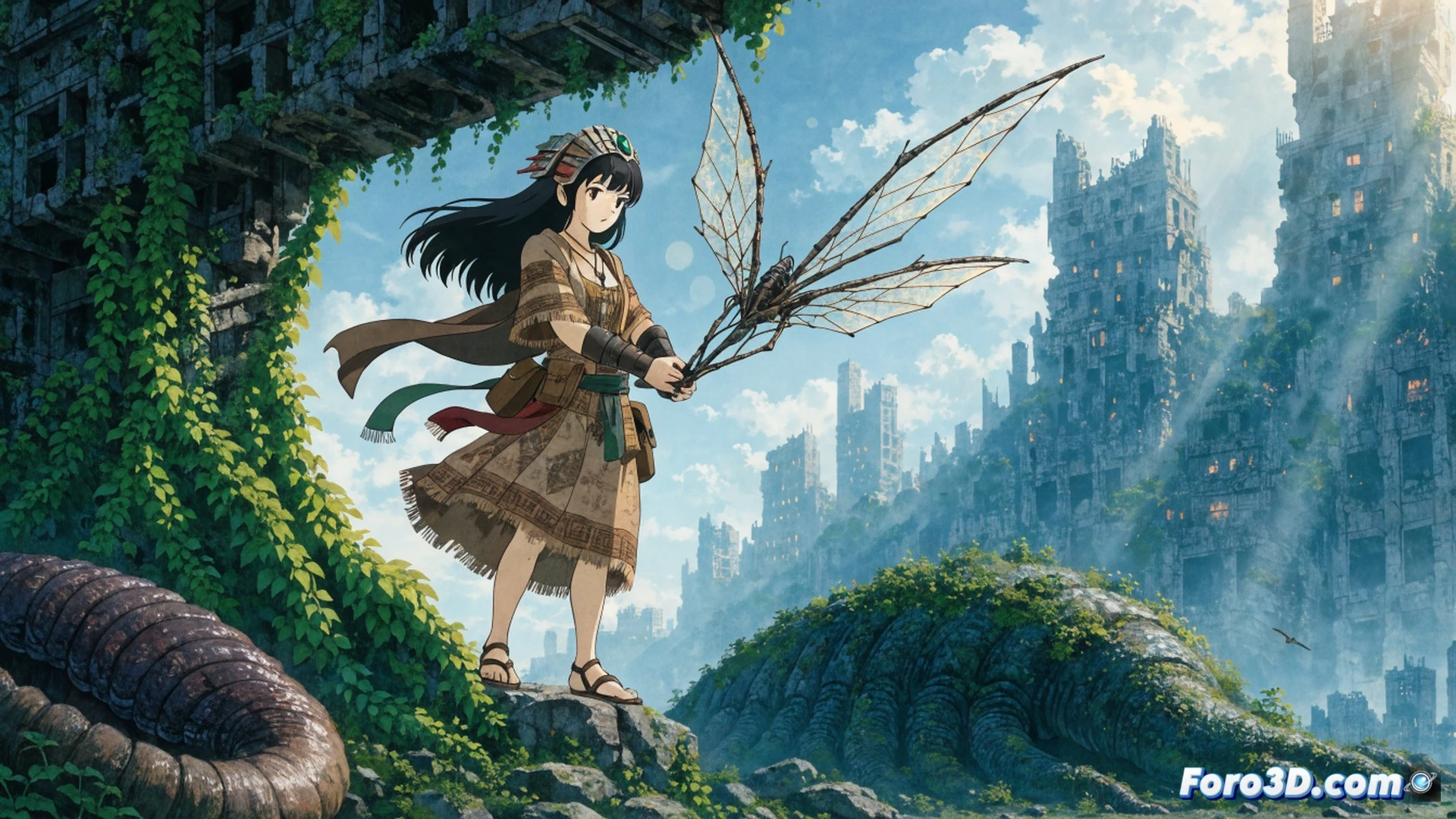 Princesa con máscara de gas y túnica azul caminando sobre un bosque de hongos gigantes mutantes, mientras insectos Ohmu emergen del suelo con ojos brillantes, ruinas de una antigua fábrica industrial oxidada al fondo, páginas de manga abiertas mostrando viñetas de batallas aéreas, lápices de dibujo y tintero derramado sobre una mesa de trabajo, estilo cinematográfico de ciencia ficción ecológica, iluminación dramática con tonos verdes y naranjas, texturas de papel envejecido, render técnico fotorrealista