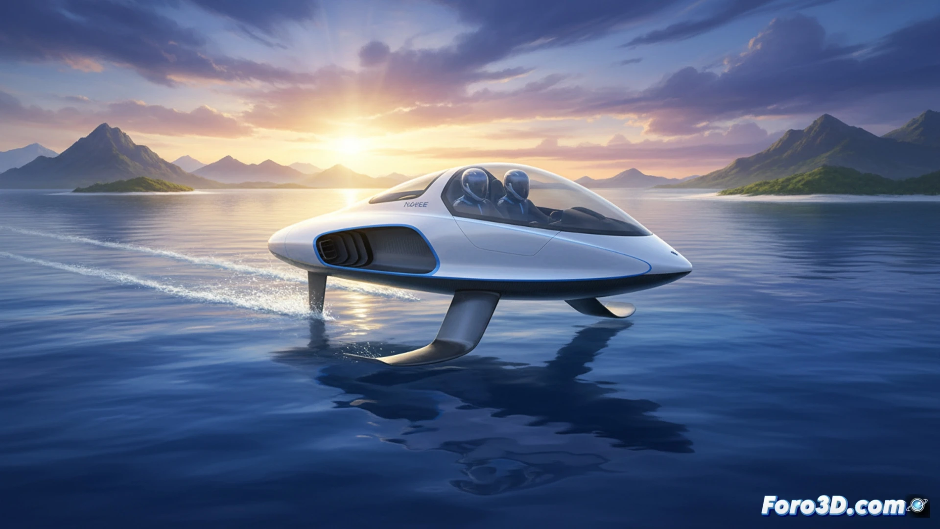 two-person hovercraft skimming across turquoise ocean water at 85 km/h, electric propulsion system glowing with blue LED strips along the hull, water spray jetting outward from the underside during high-speed banking turn, carbon fiber body panels reflecting sunlight, minimalist cockpit with dual seats and touchscreen dashboard, no visible propellers or wings, smooth wake trail behind the vehicle, cinematic engineering visualization, photorealistic marine tech render, dramatic golden hour lighting, ultra-detailed composite materials and water surface interaction, motion blur on spray particles, technical illustration style with clean metallic surfaces