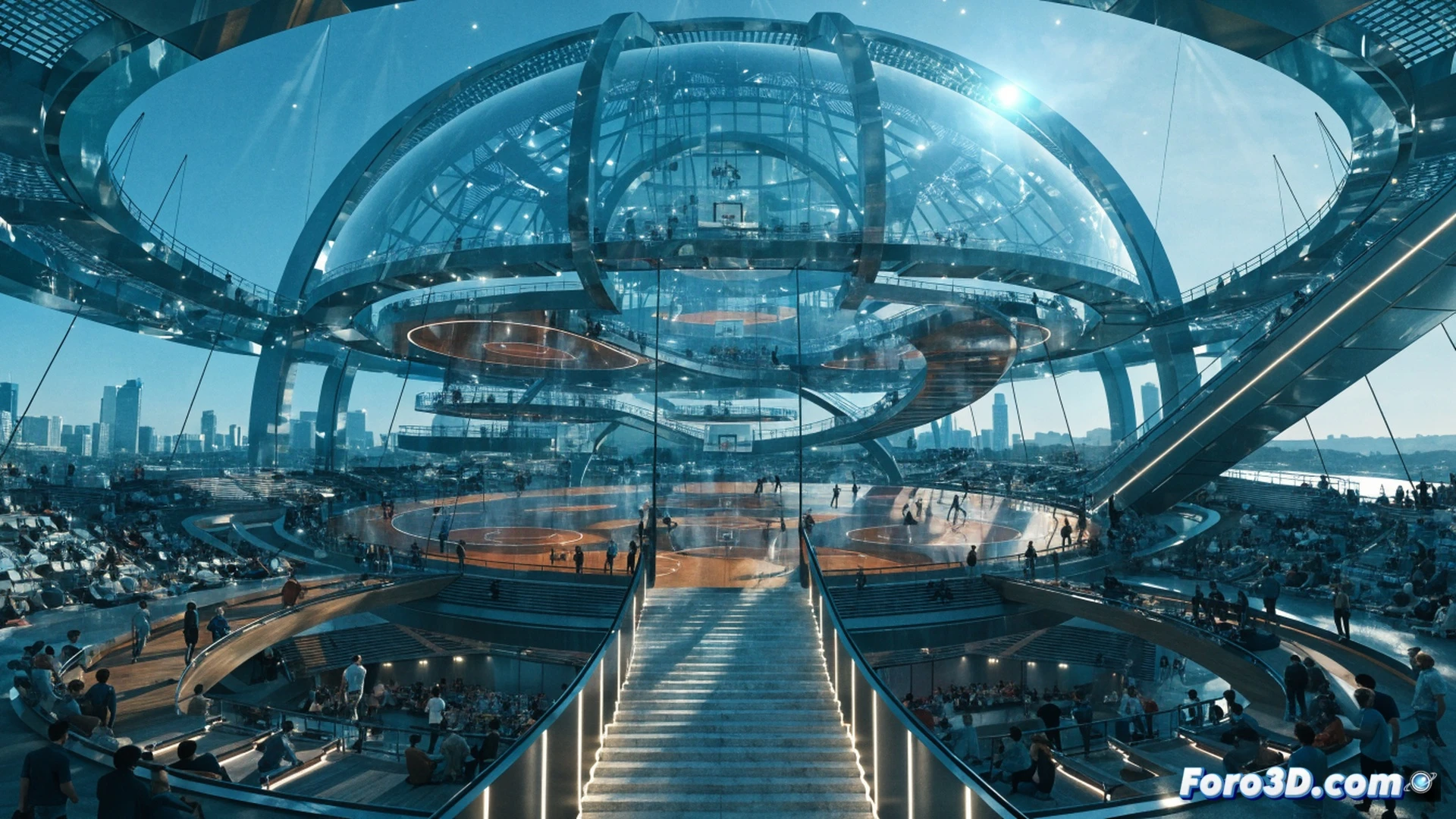NBA basketball court transforming into a futuristic European arena, a glowing basketball mid-air crossing the Atlantic Ocean on a holographic map, European city skylines fading into the background, a digital calendar interface showing 2027 with a basketball replacing the number zero, stadium lights illuminating the court, photorealistic cinematic visualization, dramatic lighting, motion blur on the basketball trajectory, sleek metallic basketball with glowing seams, ultra-detailed court texture, dynamic action scene, technical sports illustration