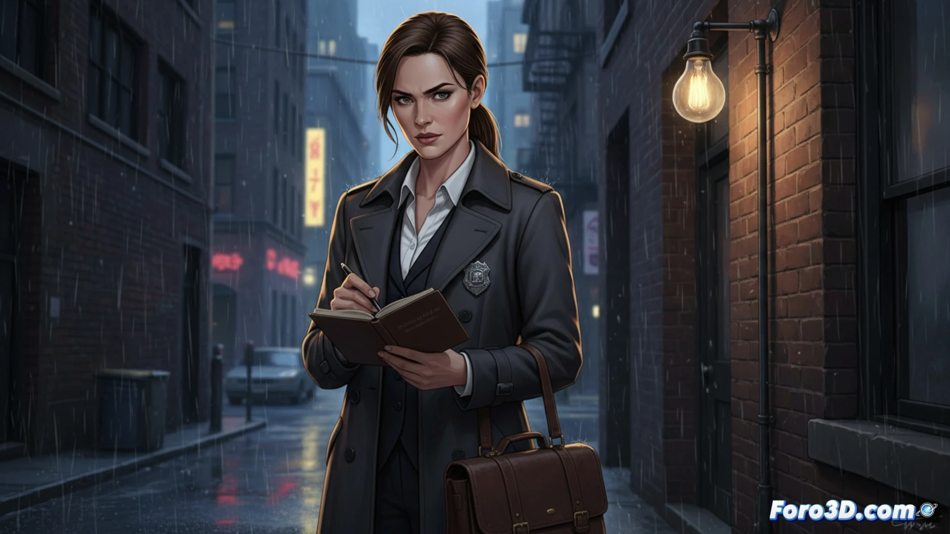Frances Neagley standing in a modern Chicago detective office, holding a digital tablet displaying case files, sunlight through floor-to-ceiling windows casting shadows on a desk with forensic evidence bags, a city skyline visible behind her, photorealistic cinematic style, demonstrating professional investigative process, soft blue-gray lighting contrasting with warm amber city lights, ultra-detailed interior with leather chair, coffee cup, and open laptop showing spreadsheet data, subtle motion blur as she gestures toward a corkboard with pinned photos and string connections, realistic urban atmosphere, technical illustration focus on modern detective tools and workspace