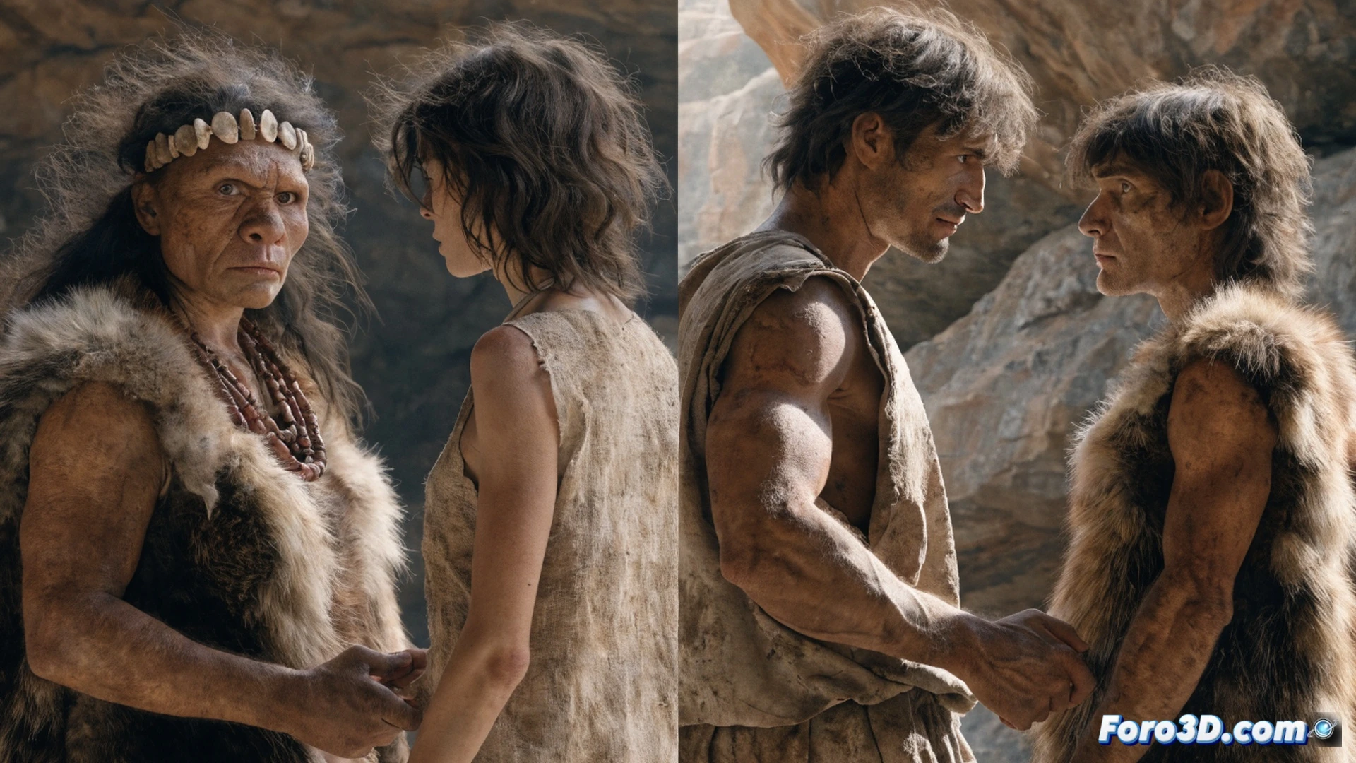 Early Homo sapiens woman walking toward Neanderthal camp carrying bone tools and animal hide, Neanderthal man extending hand in greeting while children observe from cave entrance, genetic isolation shown by invisible barrier between groups, photorealistic prehistoric scene, misty European valley at dawn, ochre body paint on both figures, stone tools scattered on ground, dramatic atmospheric lighting, ultra-detailed facial features contrasting sapiens gracile skull and Neanderthal robust brow ridge, cinematic anthropological visualization