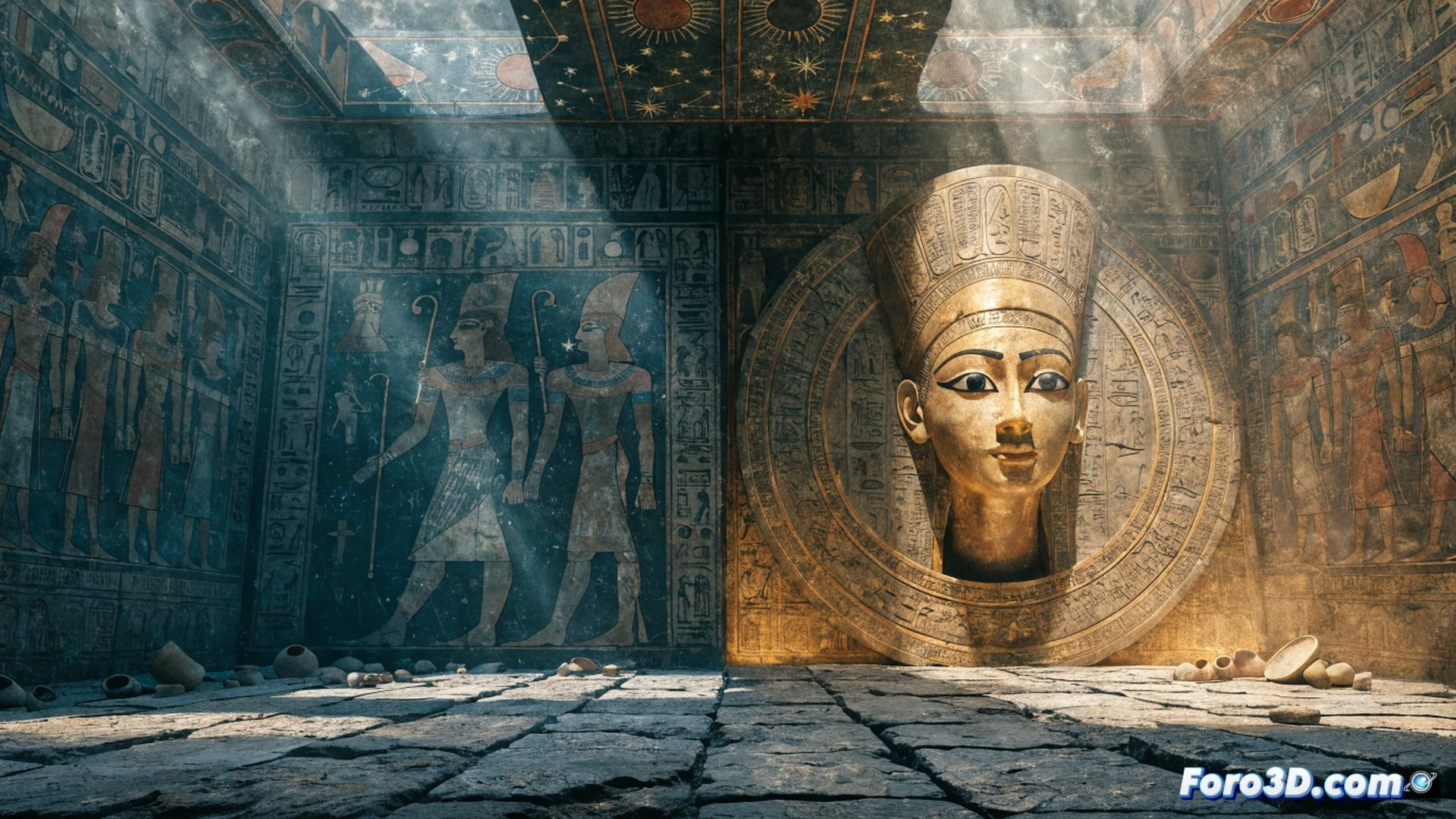 Ancient Egyptian burial chamber excavation scene, archaeologists using ground-penetrating radar equipment scanning a stone wall inside Tutankhamon tomb, hidden doorway outline glowing faintly behind plaster surface, dust particles floating in dim torchlight, workers holding brushes and measuring tools, golden sarcophagus visible in adjacent room, layered stone textures, photorealistic archaeological visualization, dramatic shaft of light from above, ultra-detailed hieroglyphic carvings on walls, cinematic lighting with warm amber tones, technical equipment cables trailing across sandy floor