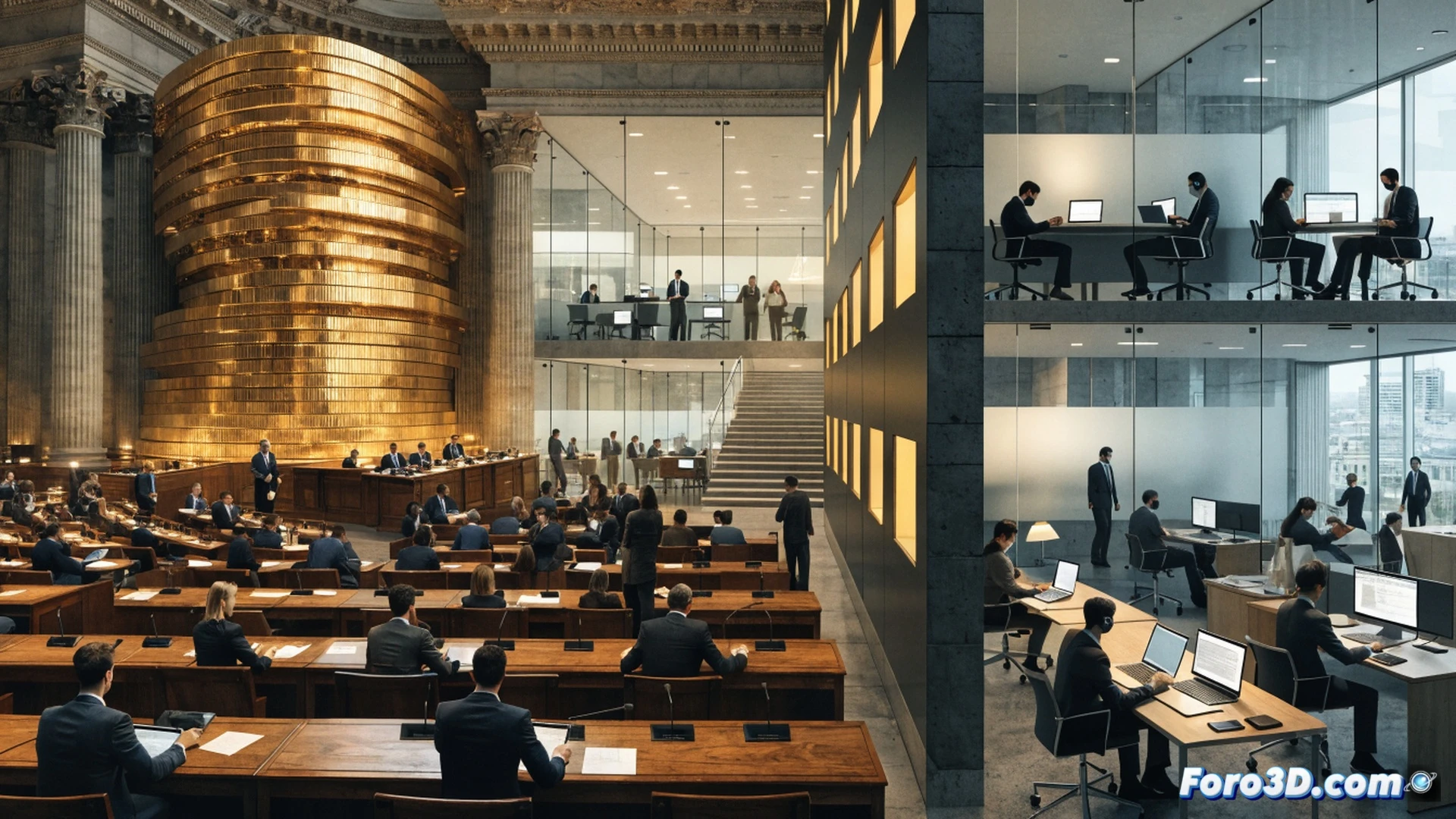 Espectacular vista aérea del Parlamento andaluz con planos de distribución sobre una mesa de reuniones, mostrando un mapa de 13 millones de euros en fichas de póker financieras y 2.337,62 metros cuadrados marcados con cinta métrica digital, mientras un funcionario usa una tablet con normativa de teletrabajo visible, proceso de negociación con gestos de manos señalando documentos, estilo cinematic photorealistic technical illustration, iluminación de sala de juntas, cálculos financieros proyectados en pantalla táctil, mobiliario institucional moderno, colores azul y blanco corporativos
