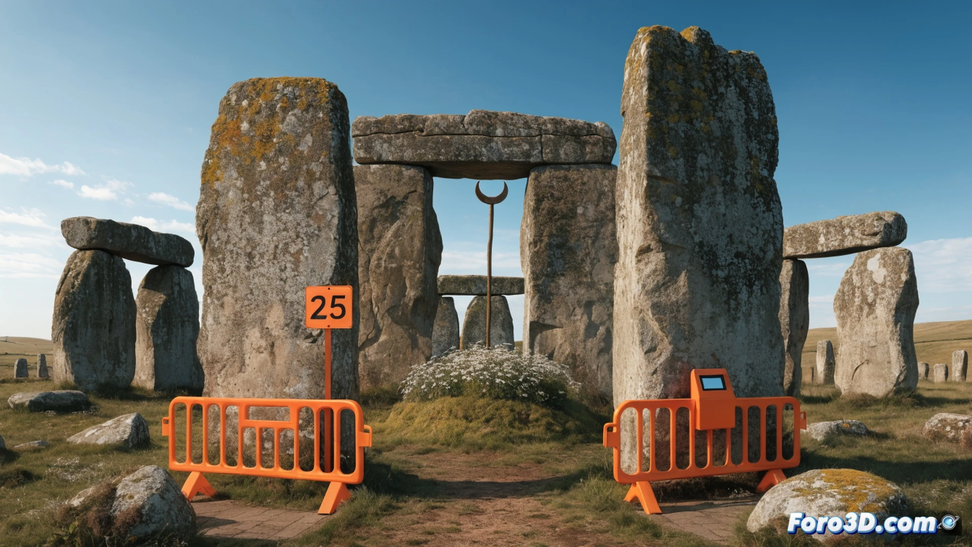 neodruida en túnica blanca frente a cabina de peaje automatizada en Stonehenge, sosteniendo un billete de aparcamiento de papel con código de barras, mientras una barrera metálica negra bloquea la entrada al círculo de piedras bajo un cielo tormentoso, manos extendidas en gesto ritual chocando contra la máquina expendedora de tickets, contraste entre la espiritualidad natural y la infraestructura comercial, iluminación crepuscular dramática, textura de piedra antigua contra plástico y acero, estilo cinematográfico fotorrealista, ángulo contrapicado, sombras alargadas, atmósfera de conflicto sagrado