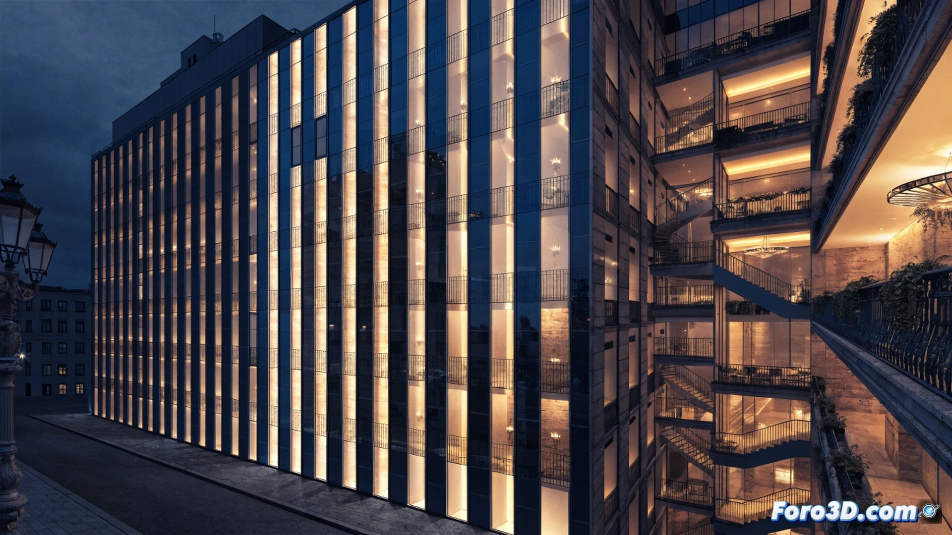 Edificio de oficinas en transformación, fachada parcialmente desmontada mostrando estructura de hormigón visto, grúa elevando paneles de vidrio mientras obreros instalan balconeras metálicas, planta baja con entrada renovada y cartel de apartamentos turísticos, calle residencial con árboles y farolas, vecinos observando desde ventanas cercanas, polvo de obra suspendido en el aire, luz de atardecer sevillano creando sombras alargadas, estilo fotorealismo arquitectónico, render técnico de construcción urbana