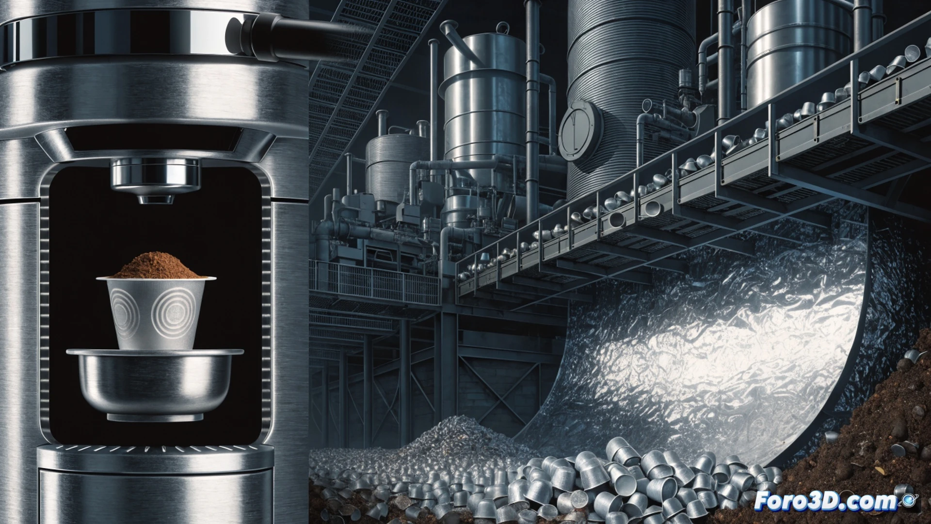 Photorealistic engineering scene showing a Nespresso machine dispensing coffee into a capsule while a transparent cutaway reveals the aluminium lining and plastic coating inside. Beside it, a recycling bin overflowing with identical capsules spills onto a landfill floor. A designer's hand sketches a reusable capsule blueprint on a tablet, while a factory conveyor belt in the background continues producing single-use capsules. Cinematic lighting, industrial shadows, metallic reflections, hyper-detailed textures, technical illustration style, showing the contradiction between recycling effort and ongoing waste production.
