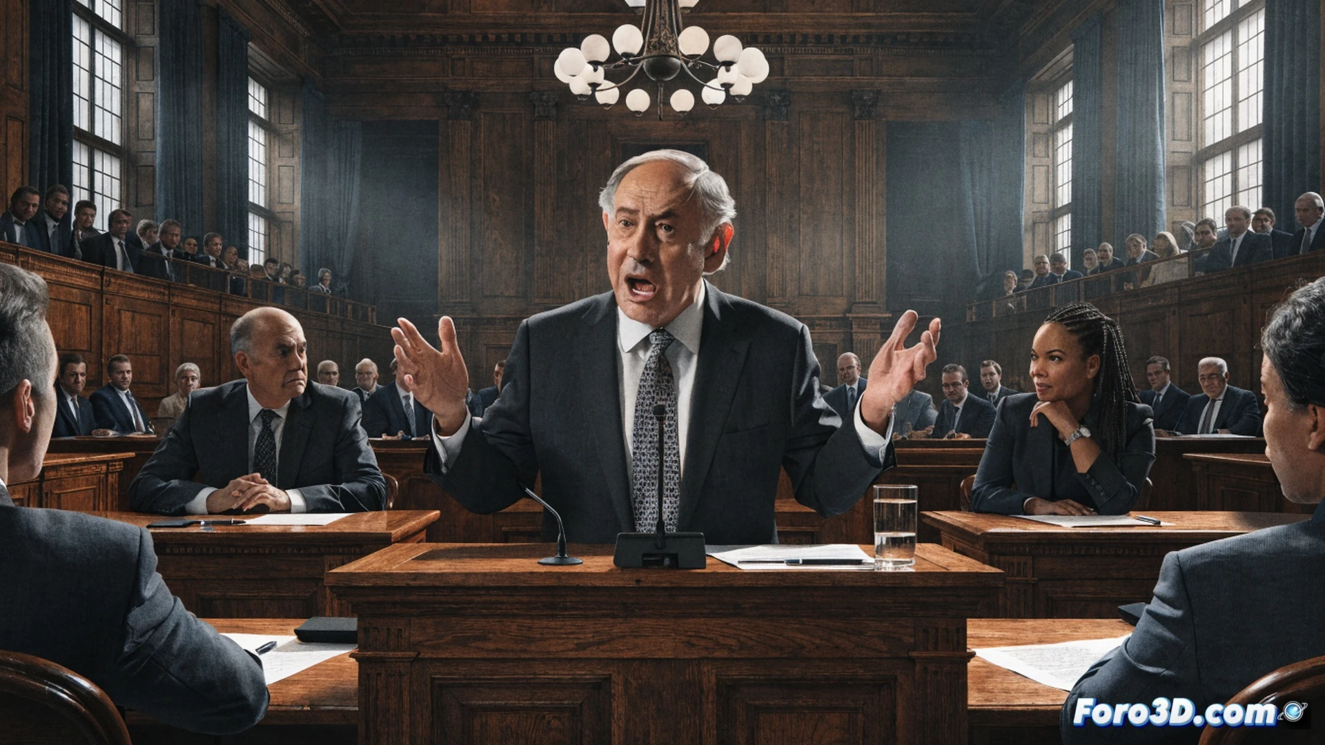 Benjamin Netanyahu standing at a wooden witness podium inside a modern courtroom, raising his hand in oath, surrounded by piles of legal documents and digital evidence screens displaying empty search result windows, prosecutors in dark suits gesturing toward a large monitor showing a magnifying glass icon scanning a corrupted file, courtroom gallery filled with journalists holding notepads and cameras, dramatic chiaroscuro lighting from ceiling lamps, photorealistic cinematic style, intense facial expressions, dust particles floating in light beams, technical legal environment with microphones and recording equipment, wide-angle lens perspective emphasizing judicial tension
