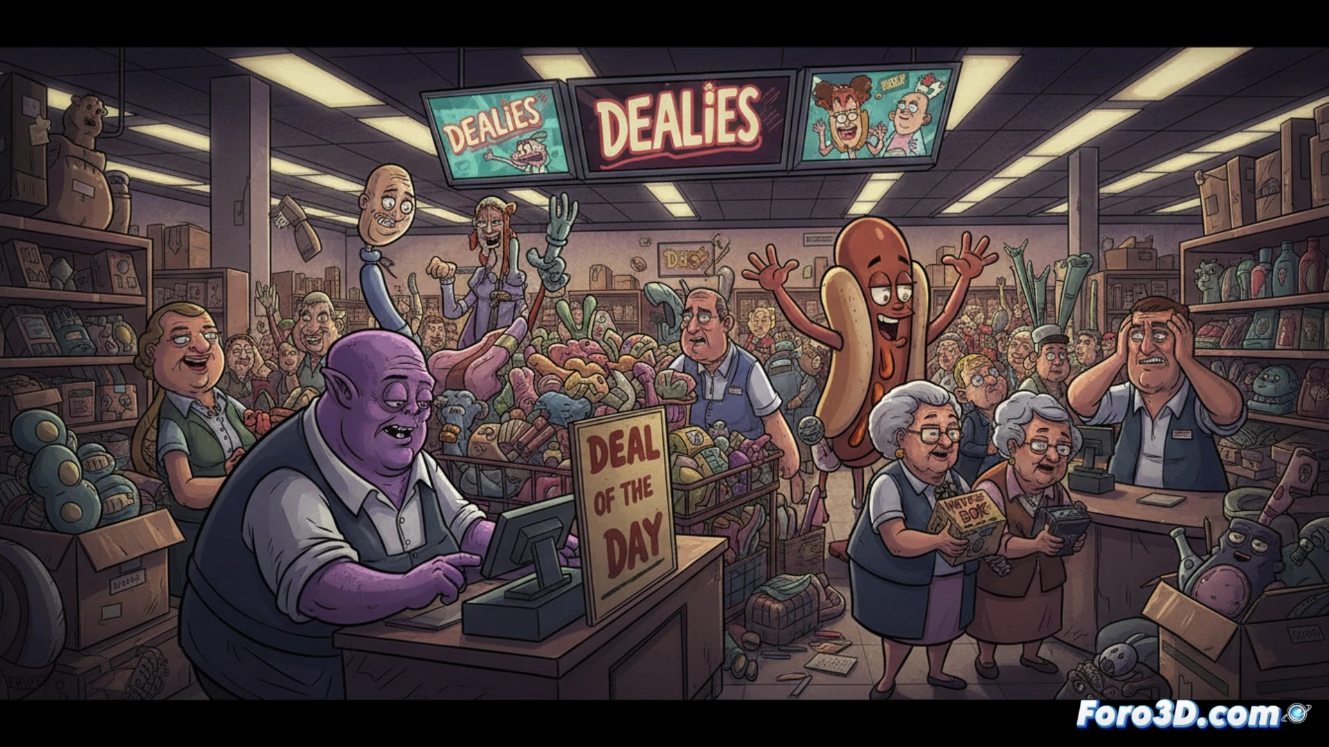 animated store interior with chaotic scene, employees in blue vests struggling with overflowing shopping carts and tangled barcode scanners, a cashier demonstrating exaggerated frustration while scanning a broken toy, shelves collapsing under stacked boxes, humorous adult tone, exaggerated facial expressions, fluorescent ceiling lights flickering, dust particles floating in beams, realistic character design with cartoonish proportions, cinematic wide shot, dramatic shadows, messy break room visible in background with spilled coffee and tangled cables, photorealistic technical render with slight stylization