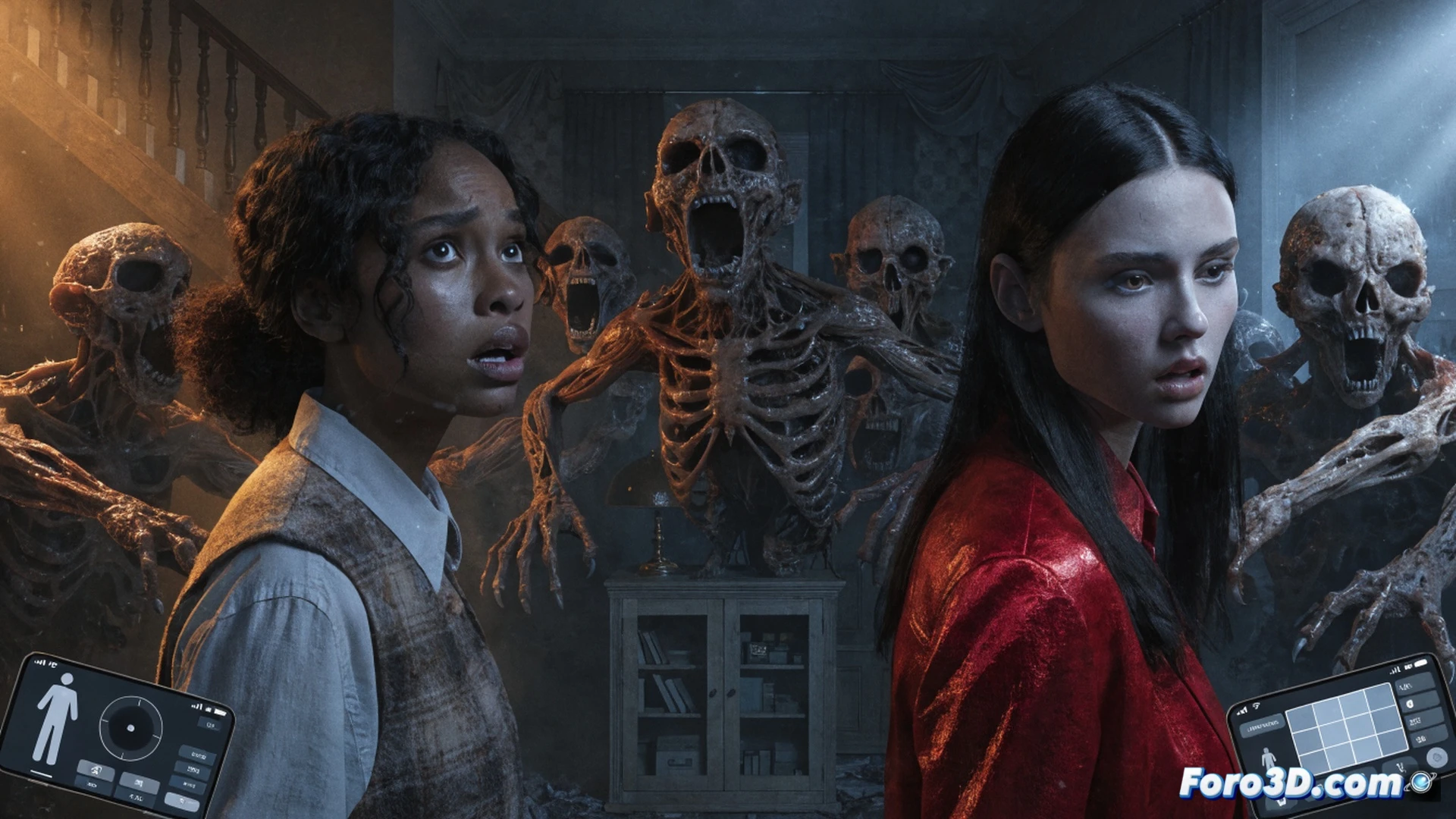 cinematic shot of a living room at night, two women crouched behind a sofa holding smartphones like game controllers, a glowing TV screen shows a first-person horror game with a dark hallway and a door slowly opening, one woman taps her phone screen while the other tilts hers to aim, shadows of an intruder visible through a window, red emergency light spills from the TV onto their faces, photorealistic interior, tense action moment, mobile devices connected wirelessly to the TV, no visible text or numbers, dramatic low-angle lighting, ultra-detailed textures on phones and furniture, immersive interactive gaming scene