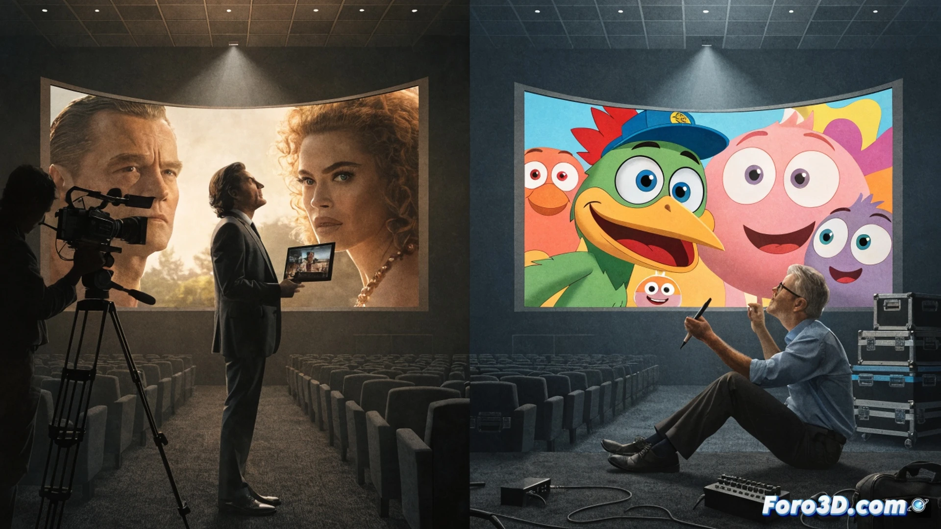 cinematic scene of a giant IMAX screen displaying a live-action film with David Fincher style dark cinematography, while a smaller side screen shows a vibrant animated film being pushed away by a red Netflix barrier, a digital projector beam highlighting the live-action screen, movie theater seats empty except for a single director s chair labeled Fincher, technical visualization of film strip reels and streaming server racks in background, dramatic contrast between photorealistic actors and flat cartoon characters, cold blue and warm orange lighting, ultra-detailed theater architecture, photorealistic render