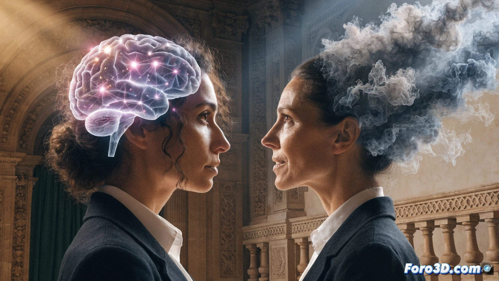 Neurocientífica señalando un mapa cerebral iluminado en una pantalla táctil mientras una poeta gesticula frente a un micrófono, libros abiertos sobre una mesa de madera, cables de electrodos sobre una base de laboratorio portátil, luces cálidas de escenario, público sentado en semicírculo, diálogo interdisciplinario en acción, estilo cinematográfico ultrarealista, texturas de papel y metal, fondos con estanterías de biblioteca local, tonos azules y dorados, iluminación dramática suave, photorealistic technical render.