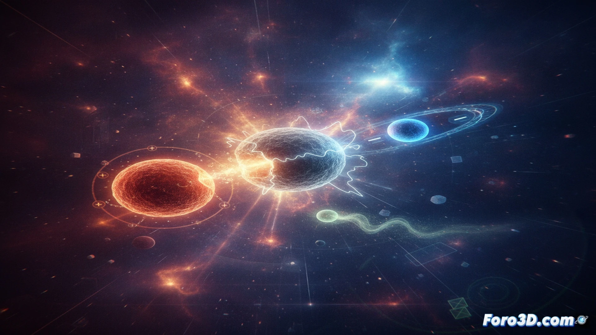 Neutron decaying outside atomic nucleus during beta decay process, neutron transforming into proton while emitting electron and antineutrino, subatomic particle explosion with glowing energy trails, quantum instability visualized as particle splitting apart, technical scientific illustration style, dark laboratory background with particle accelerator components visible, high-energy physics experiment aesthetic, realistic quantum particle render, glowing blue and orange particle trajectories, motion blur effect on decaying particle, detailed atomic structure visualization, cinematic dramatic lighting on experimental apparatus, ultra-detailed subatomic event capture