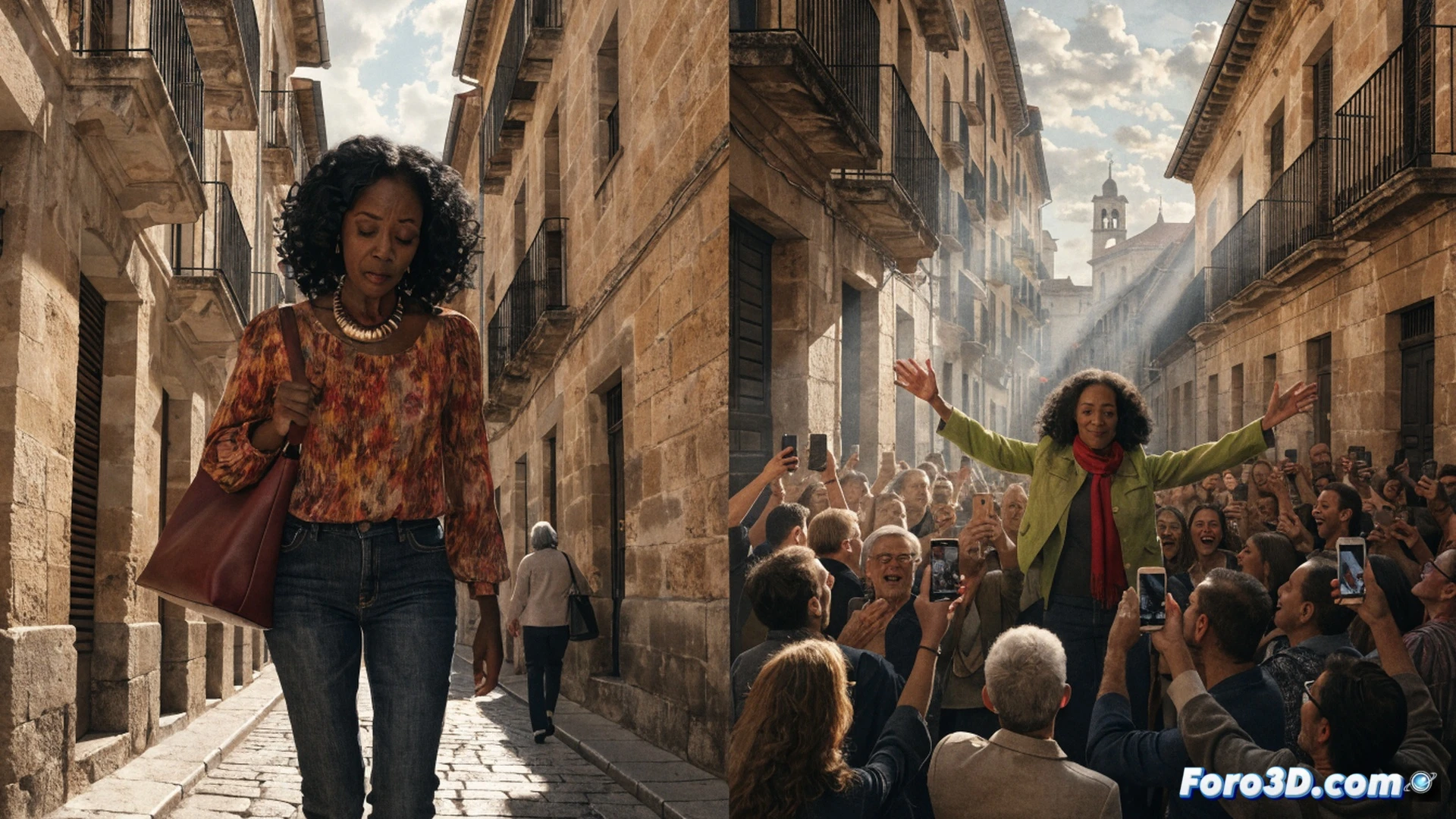 crowd of diverse people in a ponferrada city square, middle-aged woman with gray-streaked hair speaking into a vintage radio microphone, her hand raised in a gesture of strength, abstract lines of sound waves radiating from her voice like golden threads connecting to listeners, one woman in the crowd wiping a tear while holding a small microphone, a man with a worn leather jacket adjusting a reel-to-reel audio recorder on a metal table, audio cables trailing across cobblestones, soft evening sunlight casting long shadows, atmosphere of collective catharsis and historical reckoning, cinematic photorealistic style, emotional close-up lighting, ultra-detailed textures of clothing and equipment, shallow depth of field