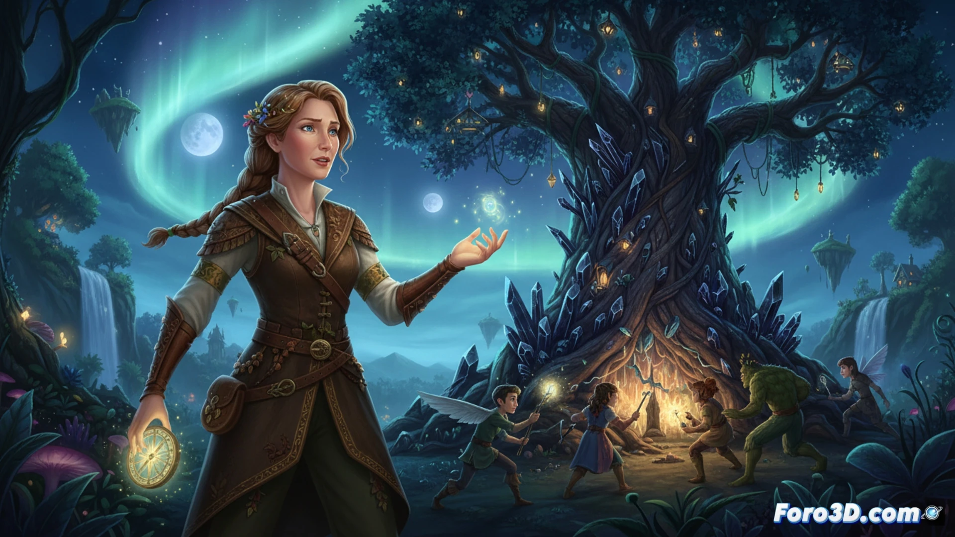 adult Wendy Darling kneeling beside a glowing magical tree with cracked bark, dark swirling energy leaking from wounds, her hand pressing a glowing rune onto the trunk while a group of young adventurers watch behind her, cinematic fantasy illustration, golden light particles rising from the tree roots, dramatic side lighting, detailed leaf textures, photorealistic style, action showing the healing process during the magical crisis, epic atmosphere, mystical blue and amber color palette