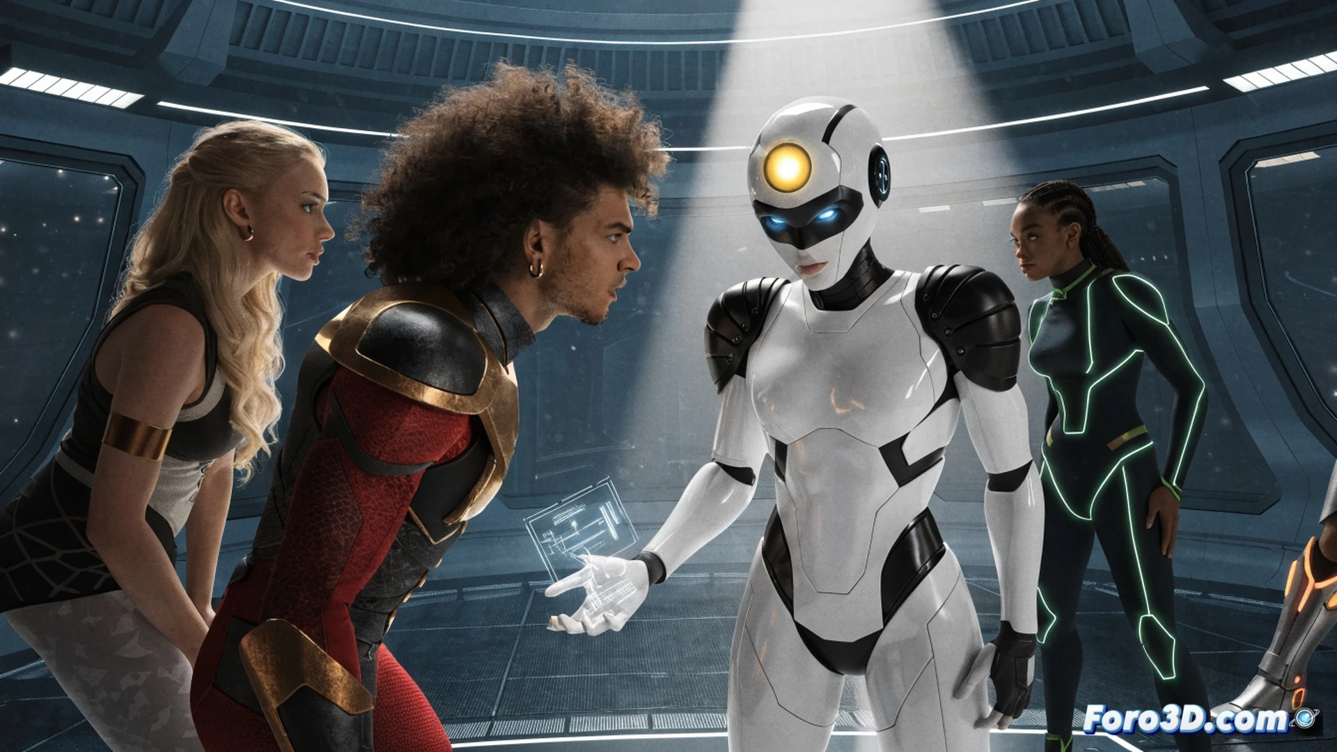 robotic humanoid named Eva standing at center of a futuristic Titan command center, holographic interface panels floating around her metallic frame, team members in motion behind her, one hero adjusting a glowing gauntlet while another examines a cracked data screen, cables and circuit boards visible on walls, Eva raising her hand to project a transparent timeline of character introductions, cinematic lighting with blue and orange contrast, glossy chrome surfaces reflecting neon city lights, photorealistic sci-fi illustration, dynamic action poses, sparks from a damaged console, mist from cooling vents, ultra-detailed mechanical joints