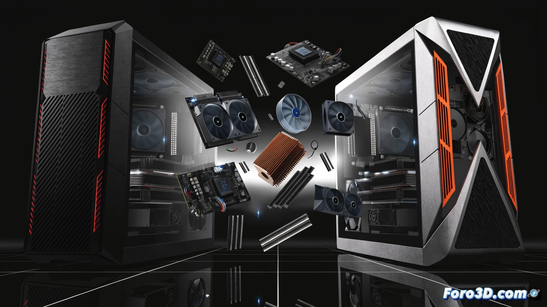 Newegg warehouse interior during a massive discount event, glowing red and blue sale tags floating around stacked GPU boxes and monitor displays, a shopper’s hand swiping a credit card near a Ryzen processor bundle, price drop banners showing minus two hundred dollars, components like a graphics card and SSD being pulled from shelves, cinematic technical illustration, bright promotional lighting, motion blur on moving items, photorealistic retail scene, high-contrast shadows, detailed product labels visible