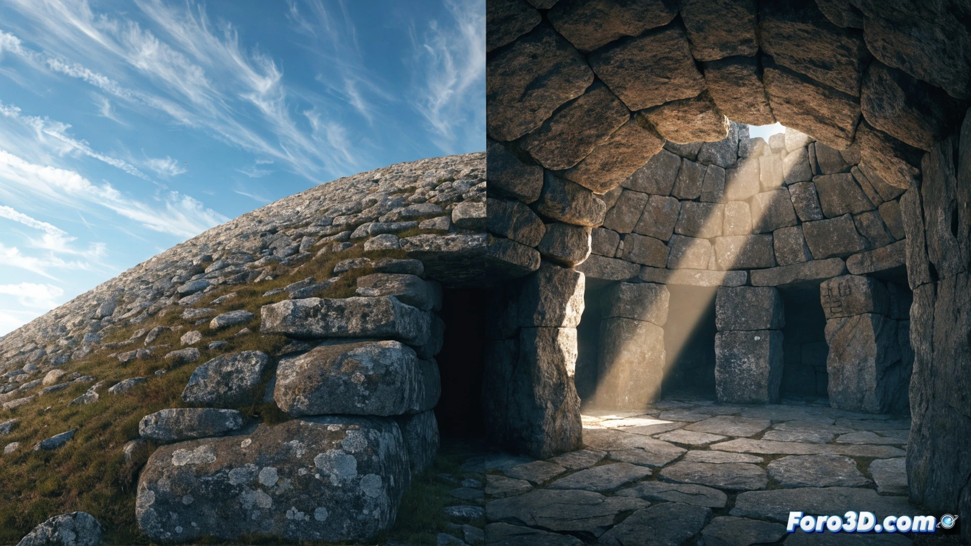 Neolithic stone chamber interior, winter solstice sunrise, a precise beam of golden sunlight entering through a small roof-box opening, traveling 19 meters across the dark passage floor, illuminating ancient carved spiral motifs on the central chamber wall, dust particles floating in the light ray, massive stacked stone slabs forming corbelled ceiling, contrasting ancient megalithic construction with modern laser alignment tools placed on tripods nearby, engineers in modern gear observing the phenomenon, action of sunlight striking a reflective calibration device, cinematic archaeological visualization, dramatic chiaroscuro lighting, rough textured granite surfaces, photorealistic technical render, hyper-detailed stone masonry