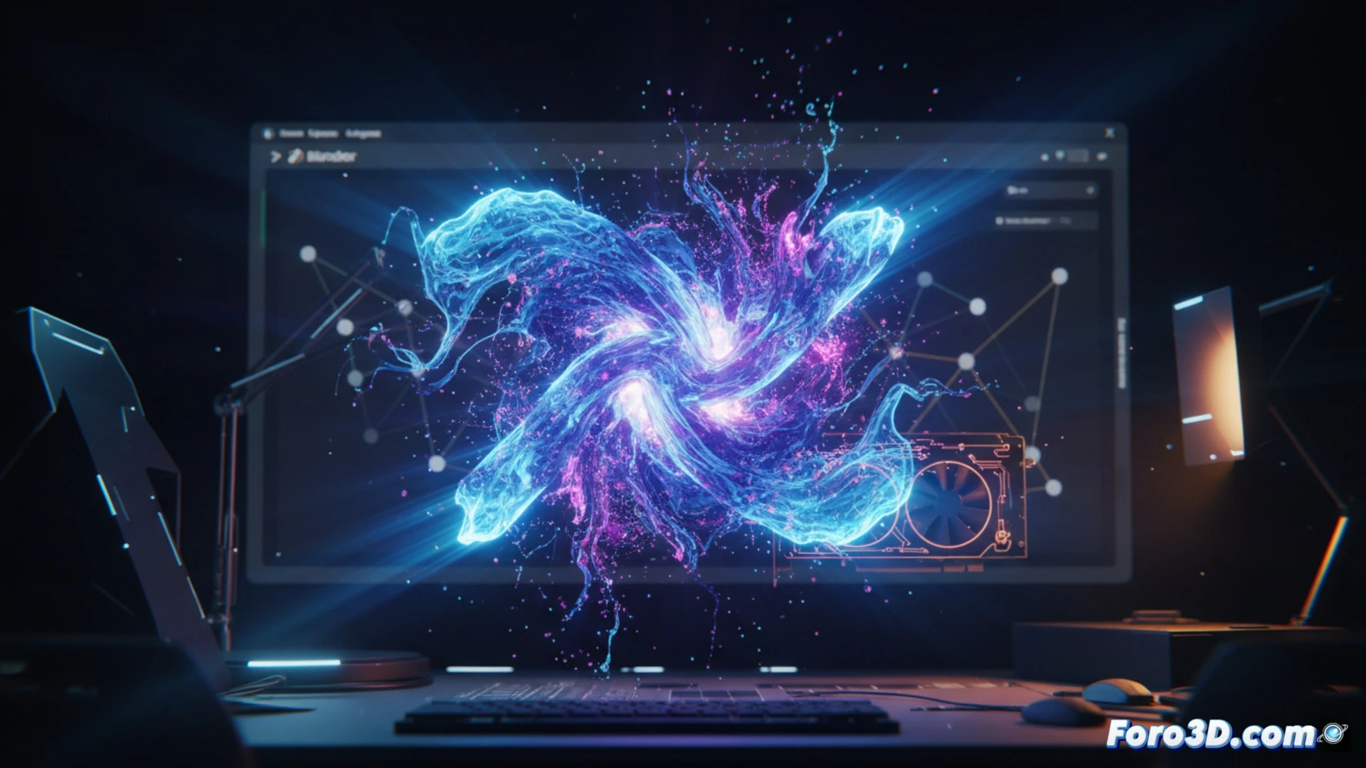 Blender 3D viewport showing a particle simulation of glowing fluid and gas streams flowing around a complex geometric sculpture, GPU acceleration indicators visible as glowing circuit traces on the interface border, particles interacting dynamically with collision objects, splitting and merging in real-time, cinematic technical visualization, dark blue and orange color palette, volumetric lighting illuminating particle trails, high-contrast industrial lighting, photorealistic render style, sharp focus on particle behavior and tool interface elements, demonstrating fluid dynamics and GPU processing