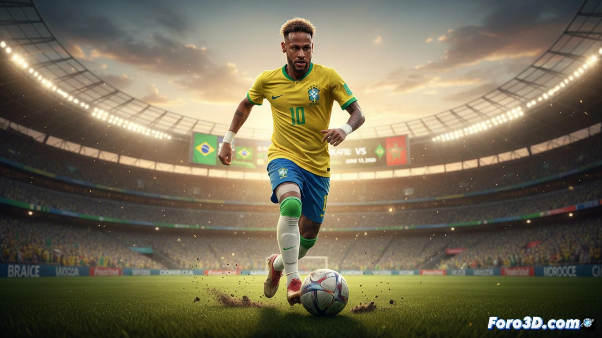 Neymar en acción explosiva durante un sprint de rehabilitación en campo de entrenamiento, pantorrilla izquierda con vendaje neuromuscular visible, tobillo flexionado en impulso, fisioterapeuta monitoreando tableta con datos biomecánmicos en tiempo real, luz de atardecer dorada sobre césped natural, fondo de estadio con banderas brasileñas, estilo cinematic photorealistic, sudor en la piel, músculos tensos en fase de despegue, cámara lenta dramática, sombras alargadas, textura detallada del pasto y la bota de fútbol