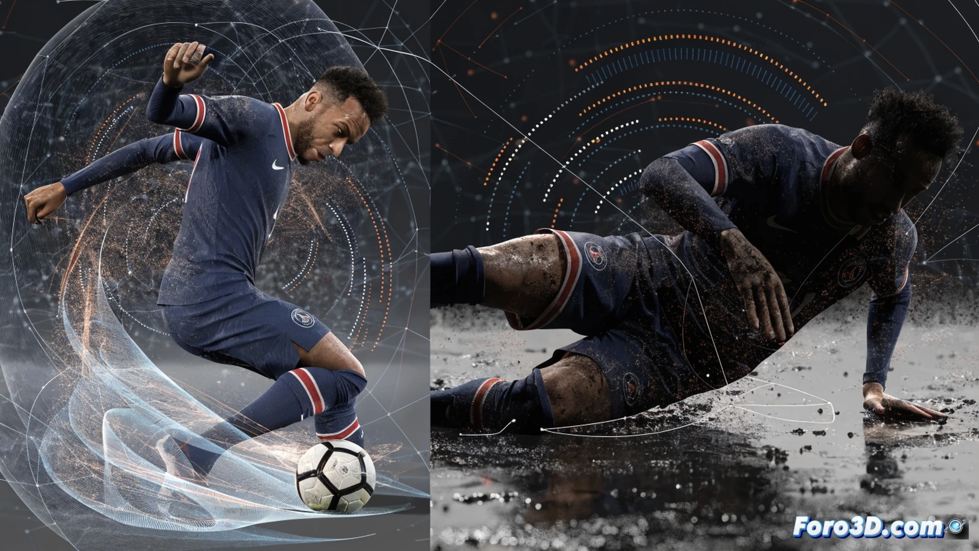 Neymar en 3D ejecutando un regate en el área, mostrando su pierna izquierda flexionada mientras la derecha toca el balón, caída simulada con el torso inclinado hacia atrás, el pie de apoyo deslizándose sobre el césped, motor de físicas activo con líneas de fuerza rojas y azules trazando la rotación del balón y el impacto del cuerpo contra el suelo, marcadores de biomecánica articular en cadera y rodilla, gráficos de trayectoria del esférico en tiempo real, interfaz de software 3D con paneles de datos de velocidad angular y fuerza de reacción, fondo de estadio con gradas borrosas, estilo cinematic technical illustration, photorealistic render, iluminación de alto contraste, reflejos metálicos en los marcadores digitales.