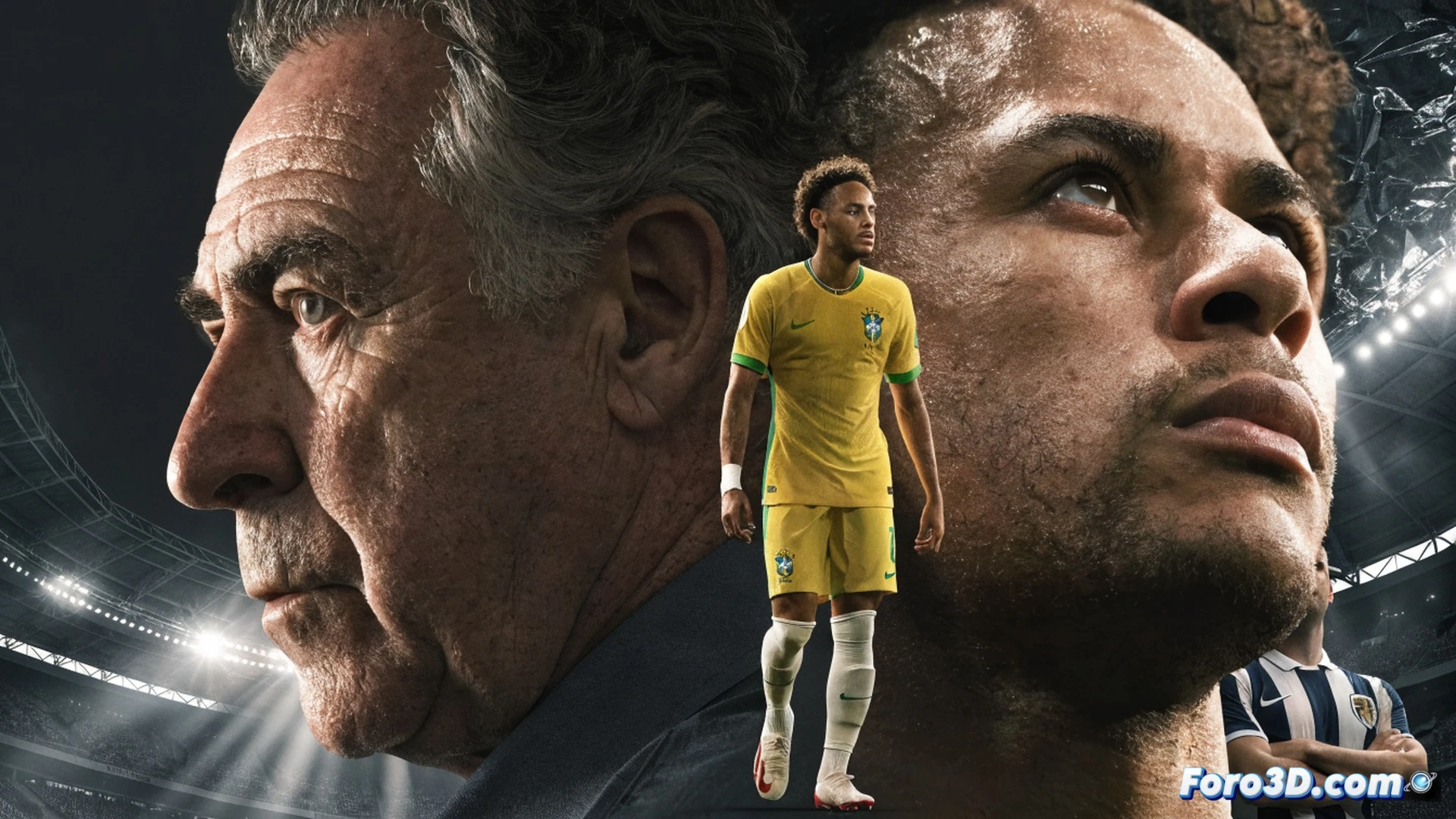 Neymar en acción sobre el césped del estadio, pantorrilla vendada visible, botín derecho impactando el balón con efecto curvado, fondo de marcador electrónico mostrando Escocia vs Brasil, banquillo con Ancelotti levantando el pulgar, asistentes técnicos revisando tabletas con datos de rendimiento, luces de estadio nocturno, césped con marcas de tácticas dibujadas, afición con banderas brasileñas de fondo, cinematic photorealistic sports visualization, motion blur en el balón, sudor y tensión muscular visibles, iluminación dramática de alto contraste, ultra-detallado render deportivo