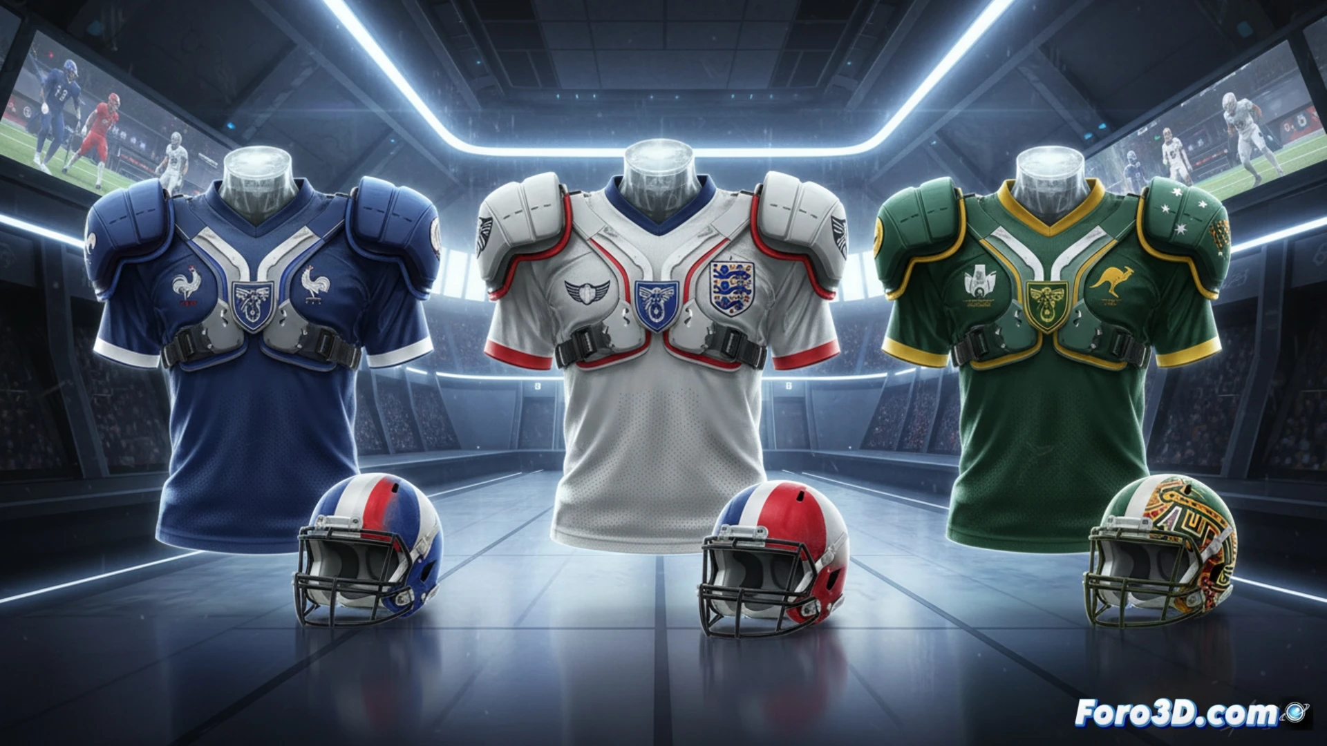 NFL linebacker y futbolista chocando en un campo híbrido, hombreras con escudo de fútbol fusionadas, casco americano con balón de soccer incrustado, tela técnica de camiseta dividida entre costuras de malla y refuerzos de poliéster, durante un tackle en acción, Fanatics etiqueta de fabricación visible en el dobladillo, estilo photorealistic cinematic, iluminación de estadio nocturno, sudor y césped volando, textura de costuras y pliegues hiperdetallada, puesta en escena dinámica de deportes globales