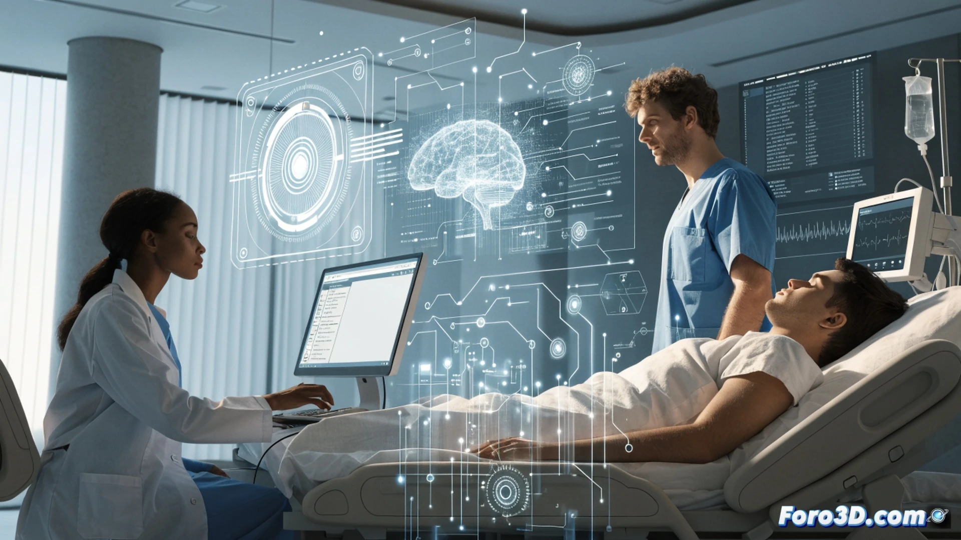 NHS hospital room, medical staff using tablet with Microsoft 365 Copilot interface open, holographic patient summary floating above device, doctor dictating notes while AI processes speech, nurse reviewing automated clinical report on screen, administrative documents being summarized in real-time, digital clock showing July 2026, clean modern medical environment, blue NHS branding on uniforms, soft clinical lighting, photorealistic technical illustration, detailed medical hardware, tablet displaying Copilot chat window, glowing data flow lines connecting devices, realistic human interaction with AI tools, cinematic workplace scene