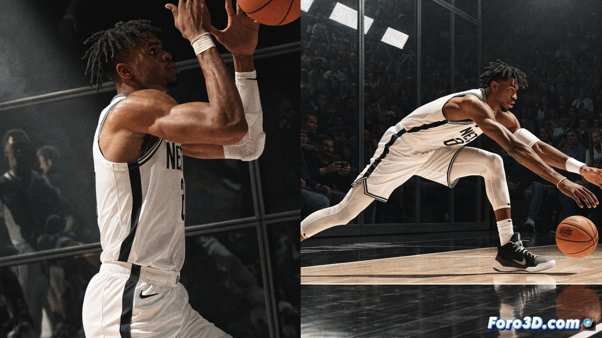 basketball player with elongated silhouette leaping vertically to block a shot, arm fully extended toward the rim, fingers splayed mid-air deflection, opponent’s ball trajectory curving away from the hoop, wide defensive stance showing lateral quickness, blurred motion lines tracing the player’s transition from baseline to paint, photorealistic technical illustration, high-contrast arena lighting, polished wooden court reflections, muscular legs coiled for landing, sweat droplets frozen in action, ultra-detailed jersey fabric texture, dramatic shadow under the basket