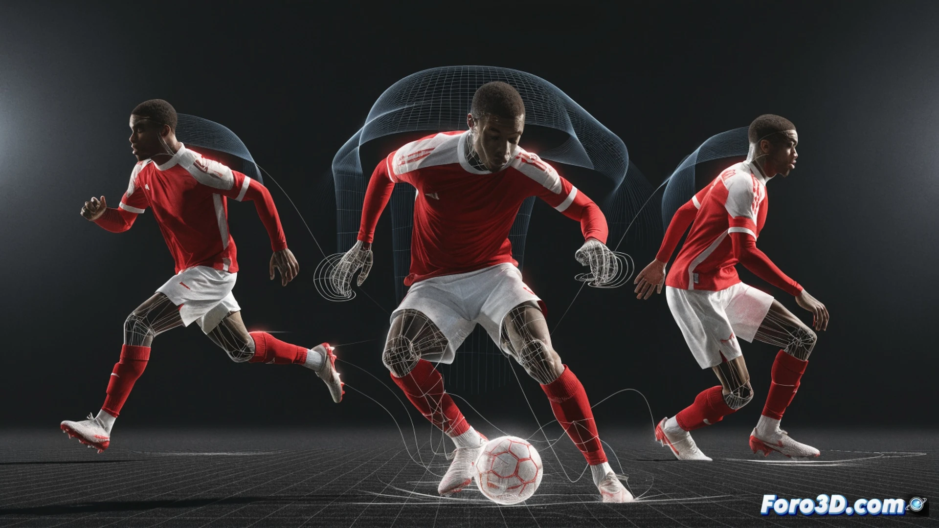Athletic Bilbao player Nico Williams in a 3D motion capture studio, performing a sharp cutting dribble with a low center of gravity, biomechanical skeleton overlay showing hip and ankle rotation, football boots gripping synthetic turf, ball trajectory marked with glowing blue curves, high-speed camera rigs in background, cinematic engineering visualization, photorealistic human anatomy with translucent muscles, dynamic lighting highlighting leg muscles during deceleration, technical grid floor, ultra-detailed fabric texture on jersey