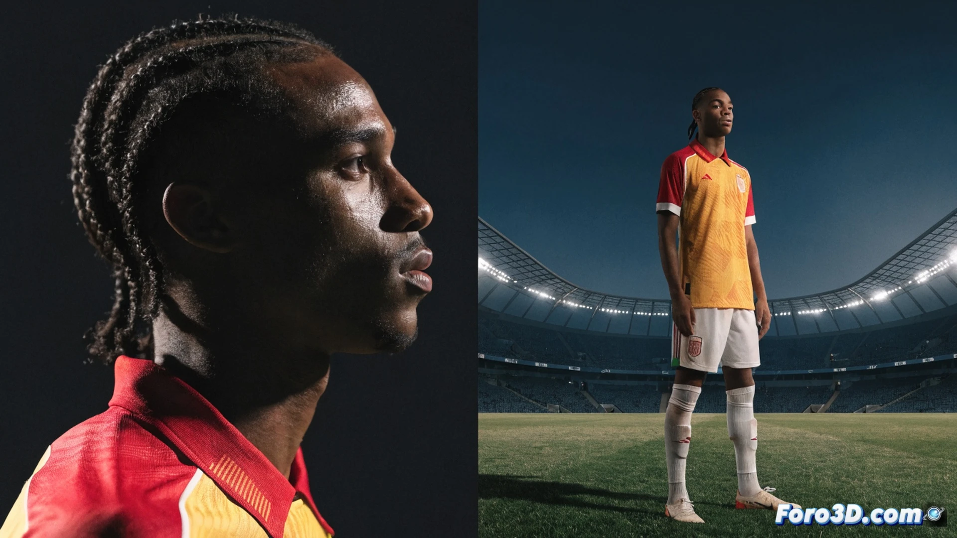 Young footballer in red jersey sprinting with intense focus on grassy pitch, left foot striking a white football mid-air, dynamic motion blur on legs and ball, stadium lights casting sharp shadows, photorealistic cinematic sports photography, wide-angle low shot emphasizing power and determination, sweat droplets visible, green turf texture, dramatic sky with sunset orange haze, ultra-detailed jersey folds and boot studs, high-speed action freeze-frame, professional match lighting