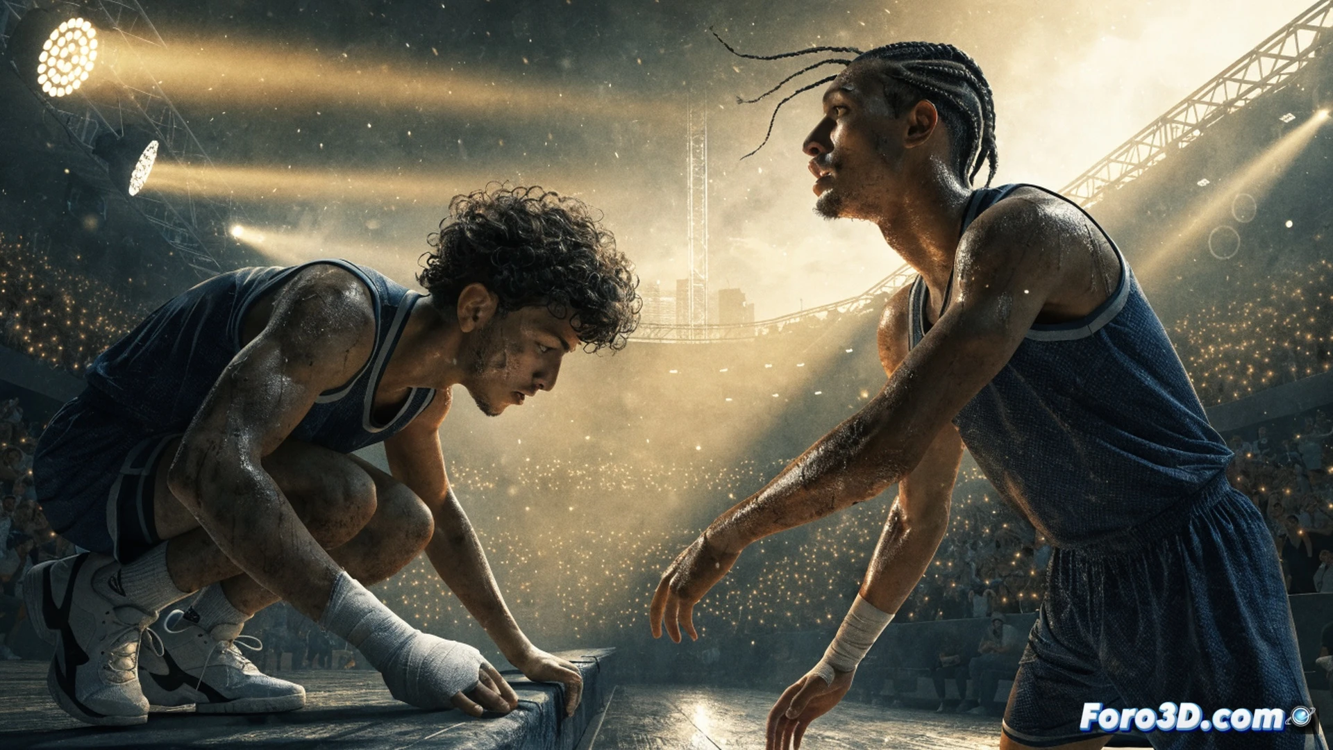 two football players on a rain-soaked pitch, one limping with a bandaged knee while the other supports his shoulder, both looking toward a distant goalpost under floodlights, stadium crowd blurred in background, dramatic low-angle shot, cinematic photorealistic style, sweat and rain on faces, tension in clenched fists, mud splattered on jerseys, grass blades torn near their boots, glowing stadium lights creating long shadows, emotional moment of collective effort, technical detail in muscle strain and fabric texture, ultra-realistic sports photography render