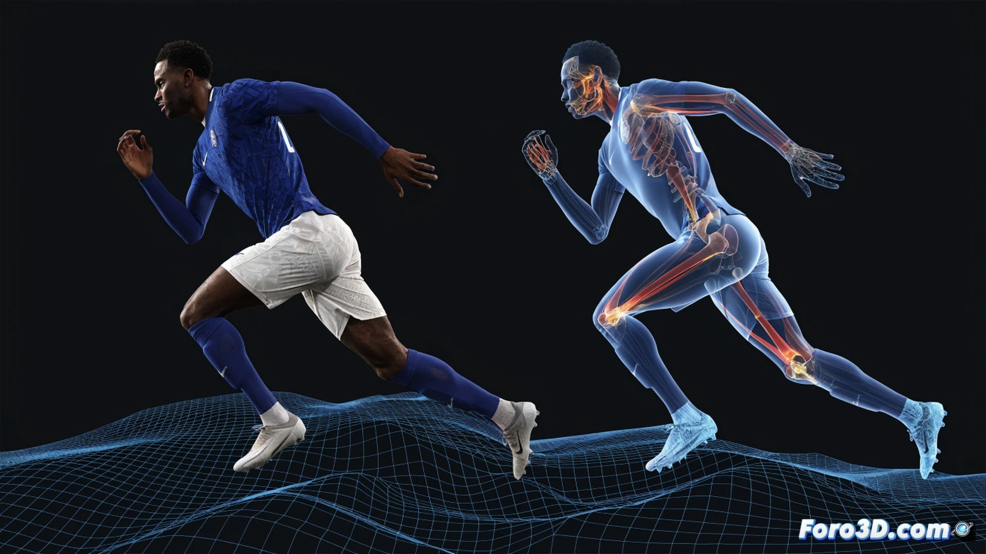 Nicolas Jackson biomechanical analysis in a virtual 3D lab, showing his sprinting action with broken run trajectory, green tracking lines mapping his foot strike pattern and hip rotation on a digital pitch, skeletal overlay highlighting his stride length and acceleration phases, holographic data panels displaying velocity curves and torque metrics, technical engineering visualization with low-angle dramatic lighting, photorealistic render with muscle fiber textures and motion blur on his legs, dark studio background with blue neon grid floor