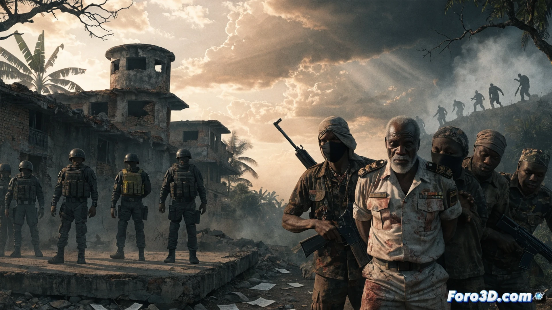 abandoned Nigerian military outpost at dusk, rusted armored vehicle half-sunk in mud, ex-general’s uniform draped over a broken radio antenna, armed bandits in camouflage carrying AK-47s walking past a cracked satellite dish, surveillance drone wreckage smoldering on red earth, empty bullet casings scattered near a generator, cinematic photorealistic visualization, dramatic storm clouds gathering, harsh golden hour light casting long shadows, dust particles suspended in air, high-contrast gritty texture, wide-angle lens perspective showing territorial decay, hyper-detailed mechanical failures and corrosion