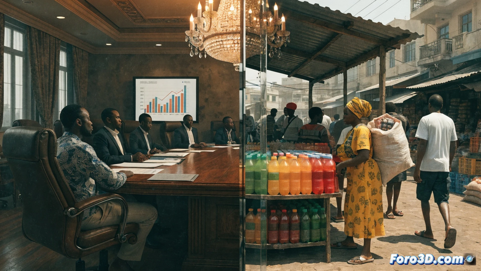 Nigeria street vendor pouring bright red soda into plastic cups, customer reaching for drink while inflation price tags flutter on cardboard sign, supermarket shelf showing soda bottles with tiny faded tax stamp barely visible, diabetic patient in background checking glucose meter, chaotic market scene with rising price stickers covering old labels, photorealistic cinematic shot, warm harsh sunlight, shallow depth of field, dramatic contrast between unhealthy consumption and health warning posters peeling off wall, hyper-detailed textures of worn currency and sticky bottles