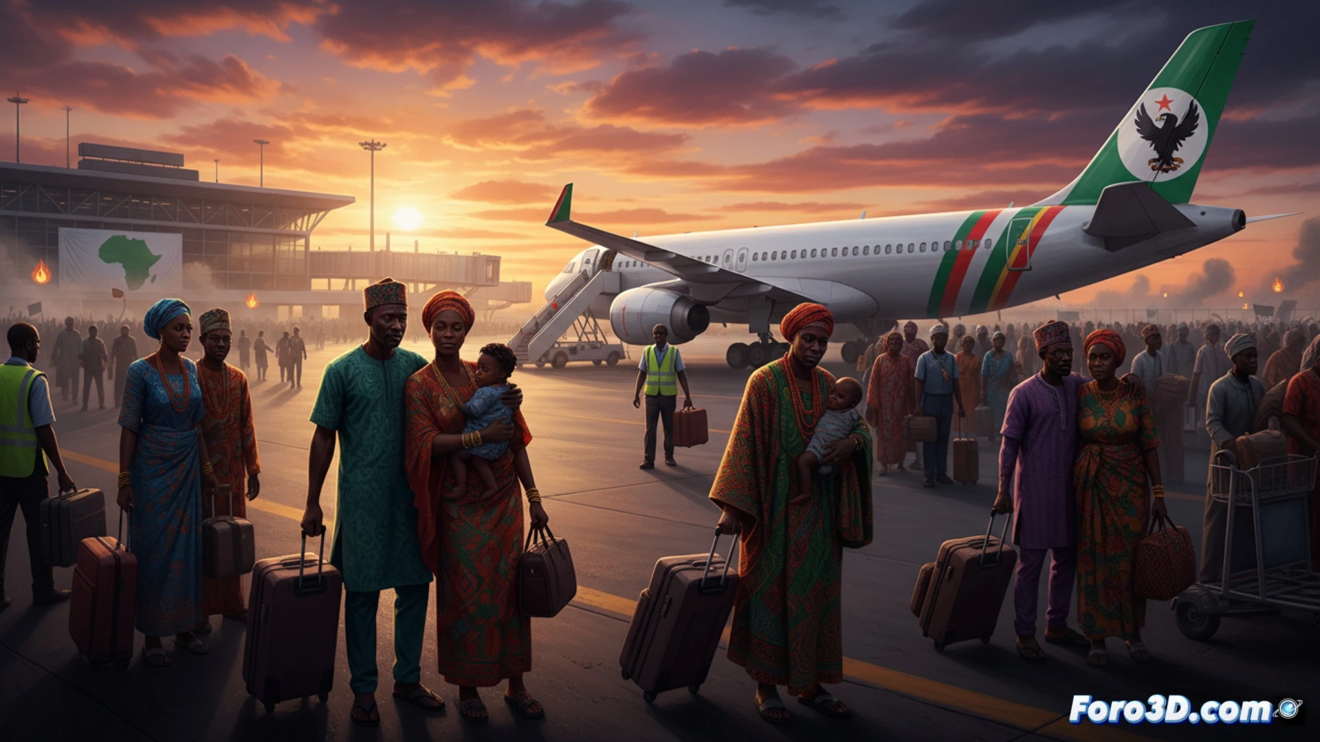 crowd of African immigrants at a South African embassy registration desk, officials stamping voluntary repatriation forms, stack of passports and visa documents on a wooden table, suitcases lined up near a bus with Ghana and Nigeria flags, tense atmosphere with security guards observing, cinematic photorealistic style, dramatic overcast lighting, dust particles in air, worn concrete floor, mid-day documentary photography aesthetic