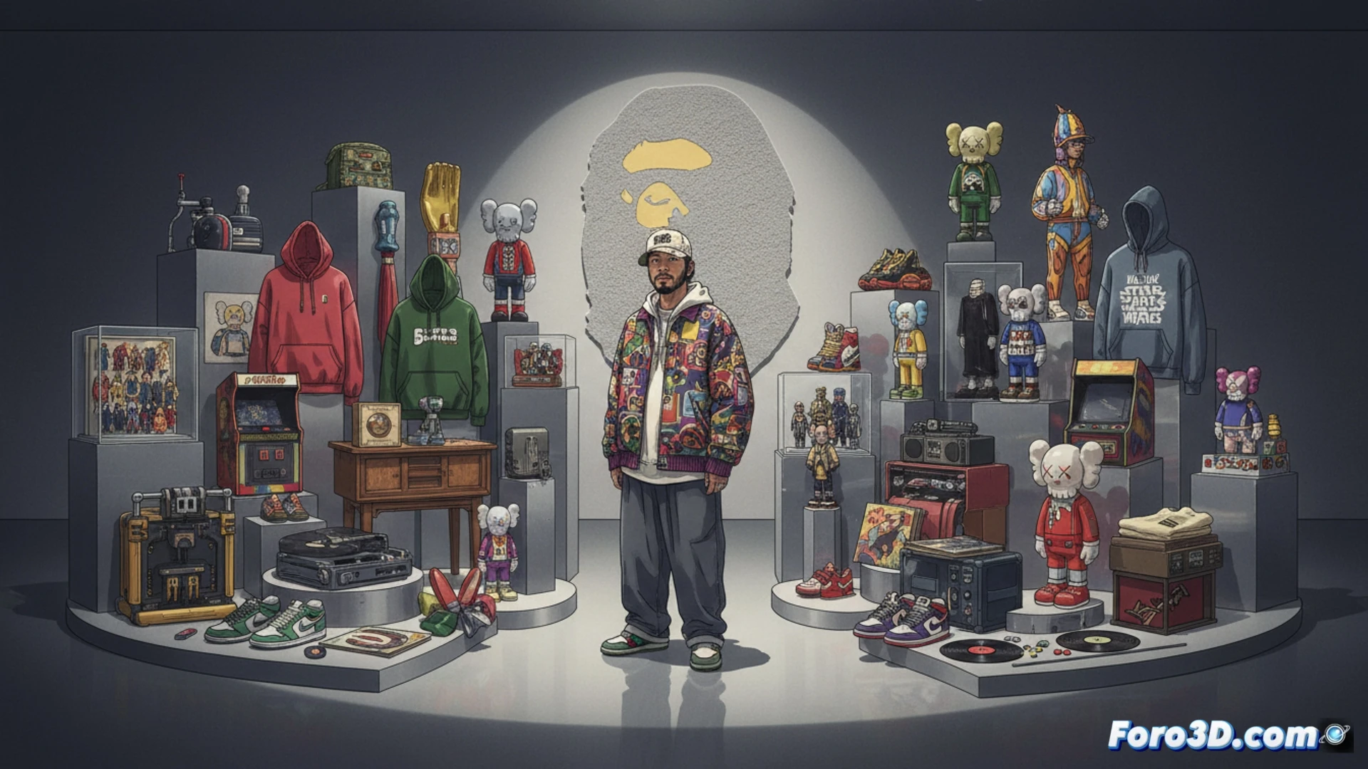 Japanese designer NIGO standing amid a vast museum gallery space, carefully arranging hundreds of streetwear objects on floating display shelves, street art vinyl toys stacked beside vintage BAPE camo jackets, sneakers arranged in glass cases, a large Kenzo garment suspended from ceiling rigging, process of curating a massive personal collection, cinematic museum lighting with dramatic shadows, polished concrete floors reflecting exhibition spotlights, ultra-detailed textures on fabric and plastic, photorealistic architectural visualization, wide-angle lens capturing depth of objects, warm amber gallery illumination