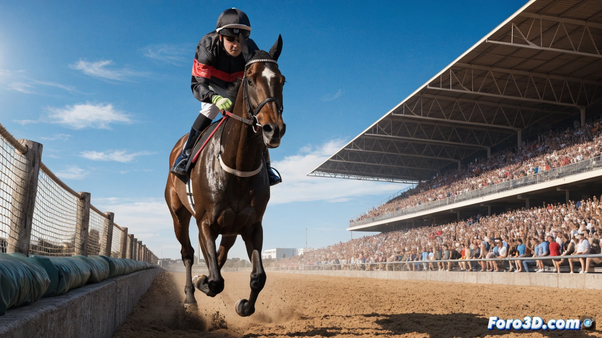 thoroughbred racehorse crossing finish line at full gallop, jockey in green and white silks leaning forward with whip raised, dirt clods flying from hooves, packed grandstand in background with spectators cheering, trophy presentation table visible near winner's circle, golden afternoon sunlight casting long shadows on track, cinematic sports photography style, dynamic motion blur on crowd, sharp focus on horse's muscular neck and jockey's intense expression, photorealistic equestrian action shot, dramatic low angle perspective