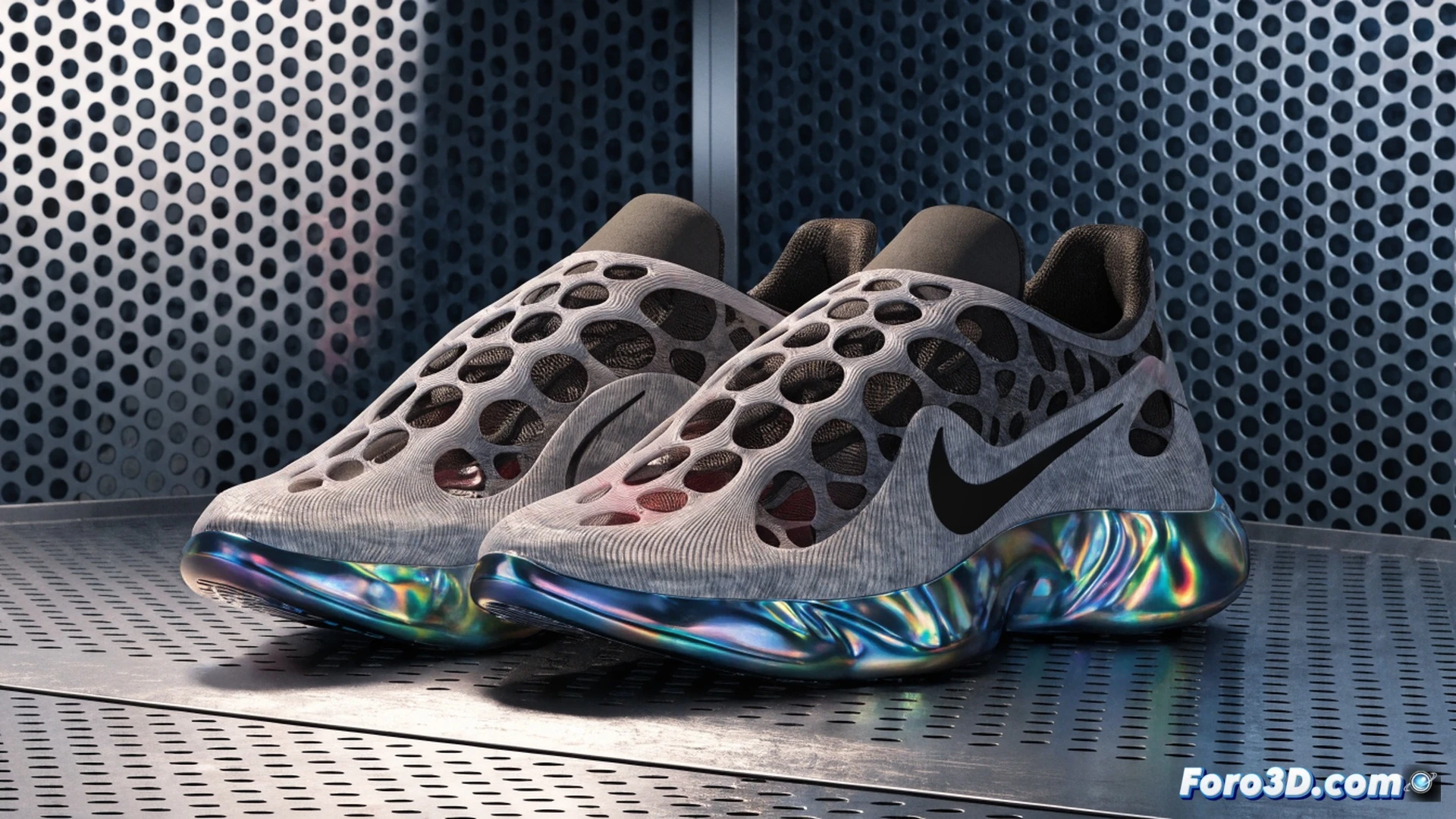 Nike 3D-printed shoe emerging layer by layer from an industrial additive manufacturing machine, robotic arm precisely depositing molten filament around a lattice midsole, glowing orange print head in motion, translucent polymer structure revealing intricate internal support geometry, engineering visualization with cross-section view showing honeycomb cushioning cells, factory floor background with multiple printers operating simultaneously, dramatic blue-white LED lighting, sparks of static electricity near the print bed, photorealistic technical render, cinematic depth of field, ultra-detailed surface texture on the unfinished heel
