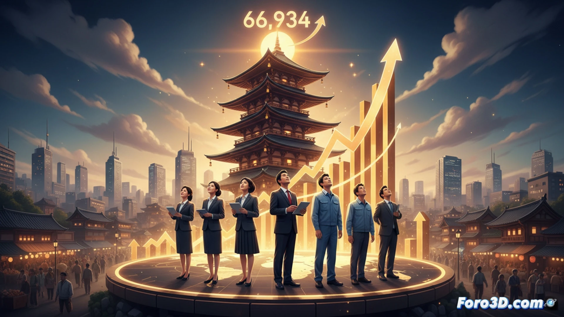 japanese stock exchange trading floor, large digital display showing nikkei index 66,934 points in green, traders in suits gesturing excitedly while analyzing multiple monitors showing candlestick charts and upward trends, hands pointing at rising graphs during market surge, cinematic financial visualization, glowing blue and green chart lines, reflective glass surfaces, bustling atmosphere with focused expressions, photorealistic technical illustration, dramatic overhead lighting, ultra-detailed screens with stock tickers, professional trading environment